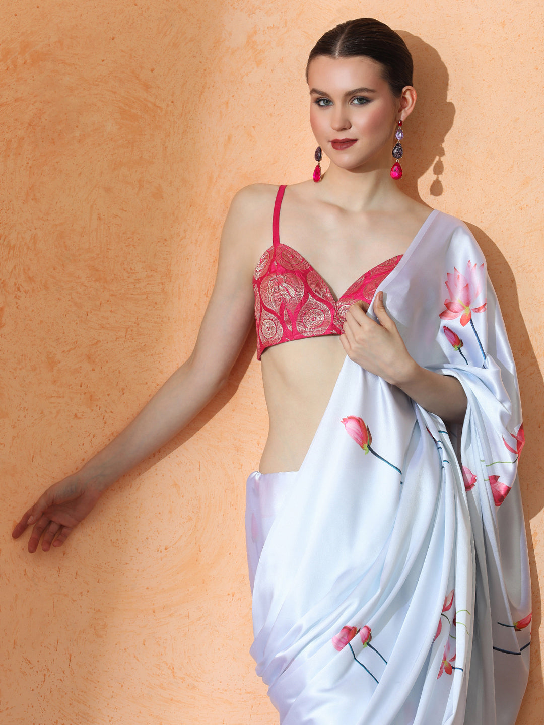Floral Satin Saree with Unstiched Blouse