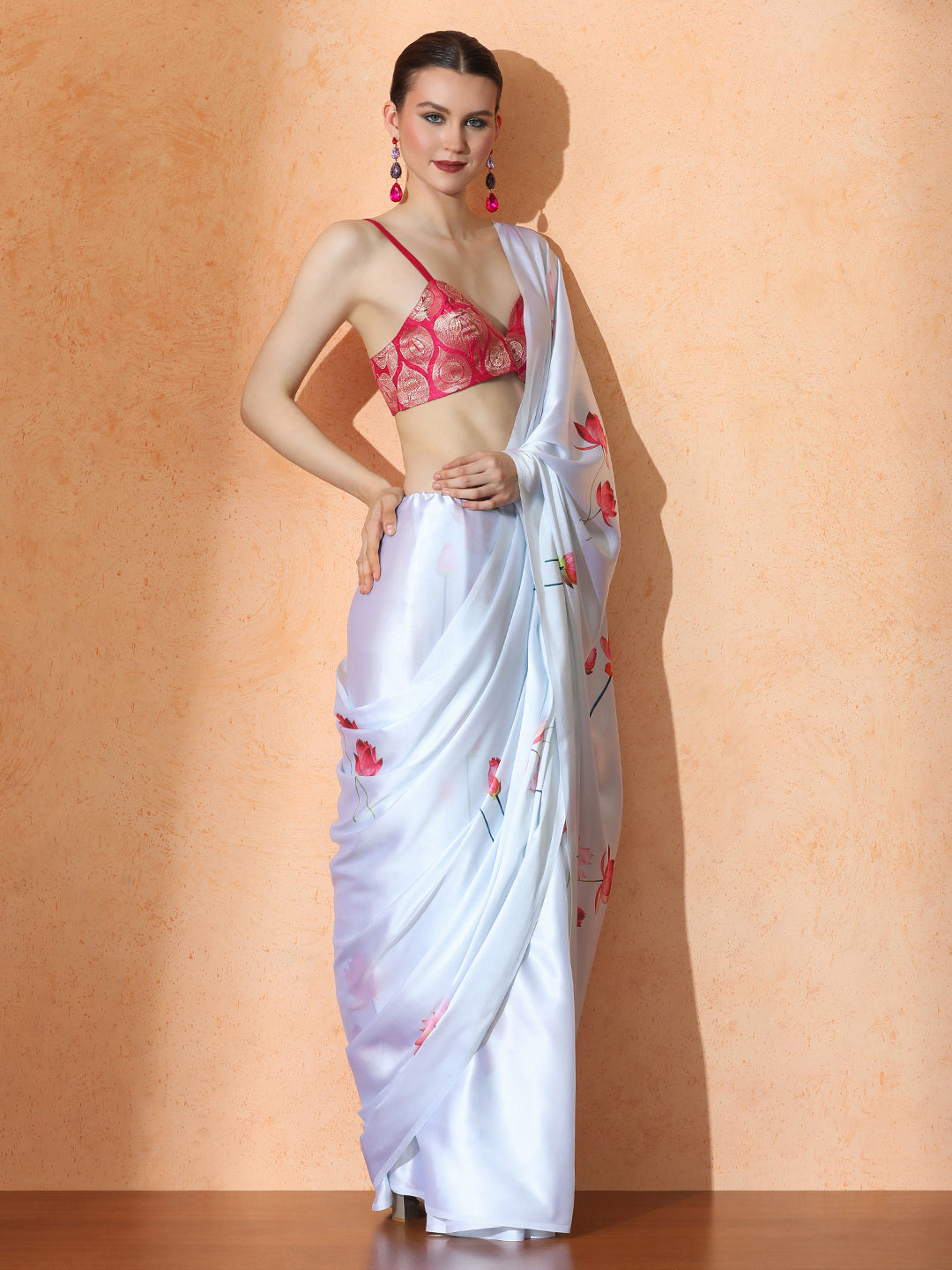 Floral Satin Saree with Unstiched Blouse