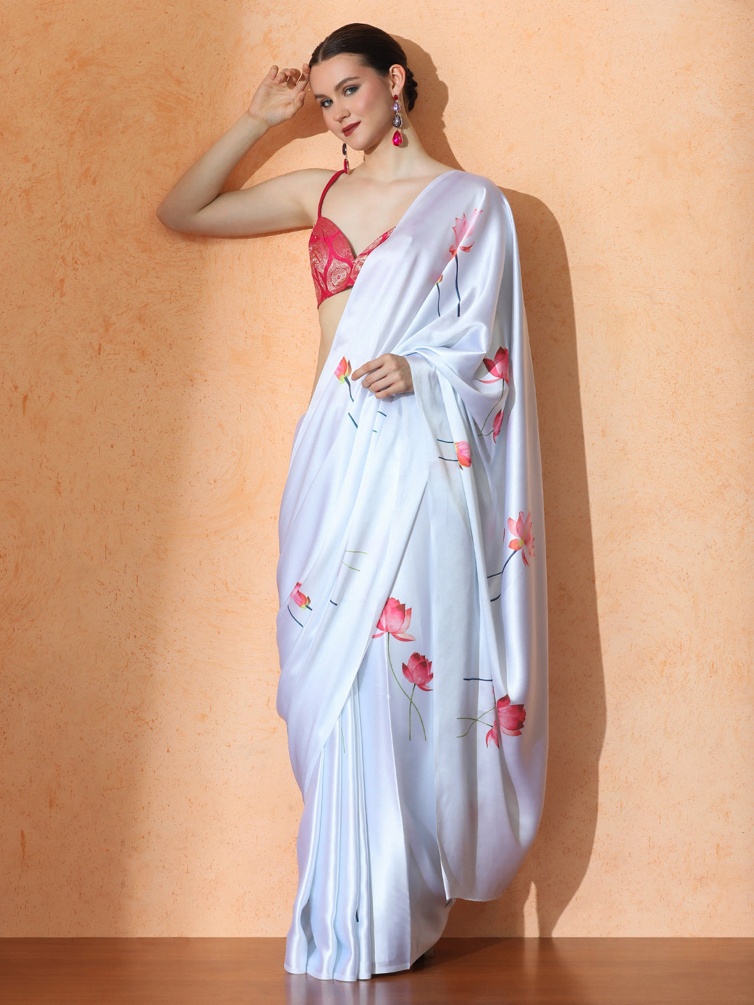 Floral Satin Saree with Unstiched Blouse