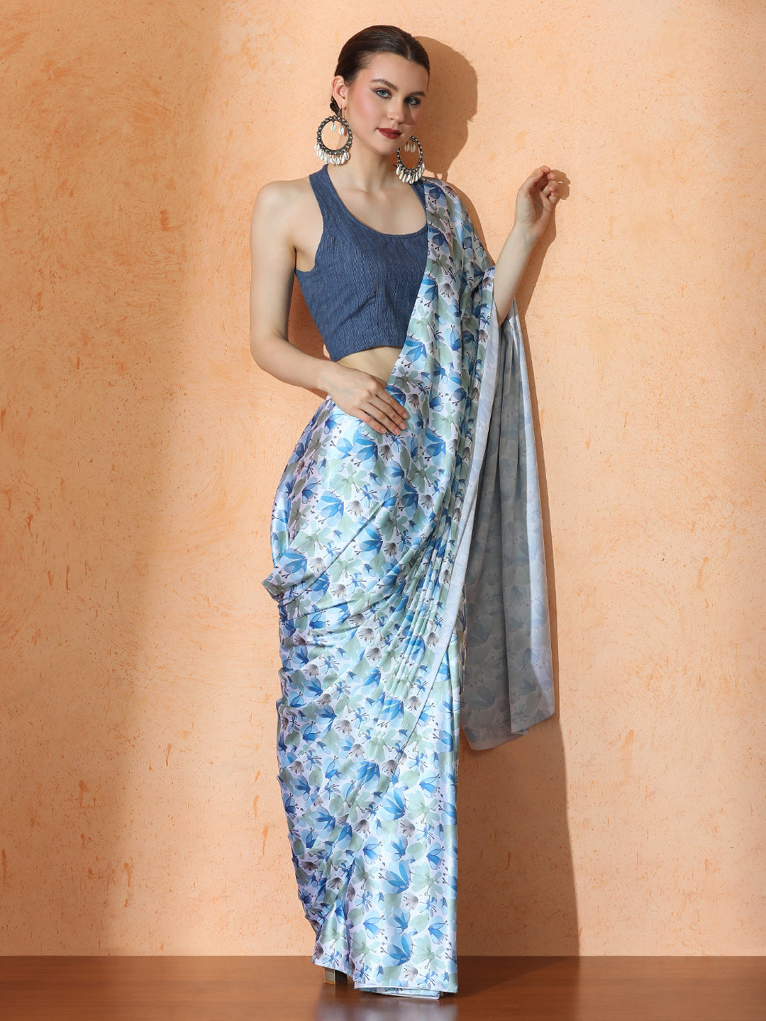 Floral Satin Saree with Unstiched Blouse