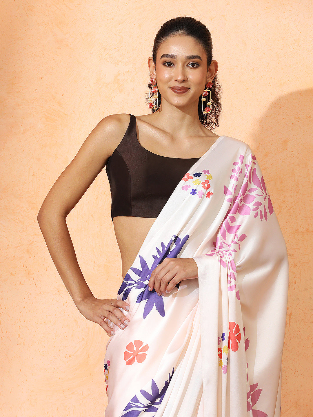 Floral Satin Saree with Unstiched Blouse