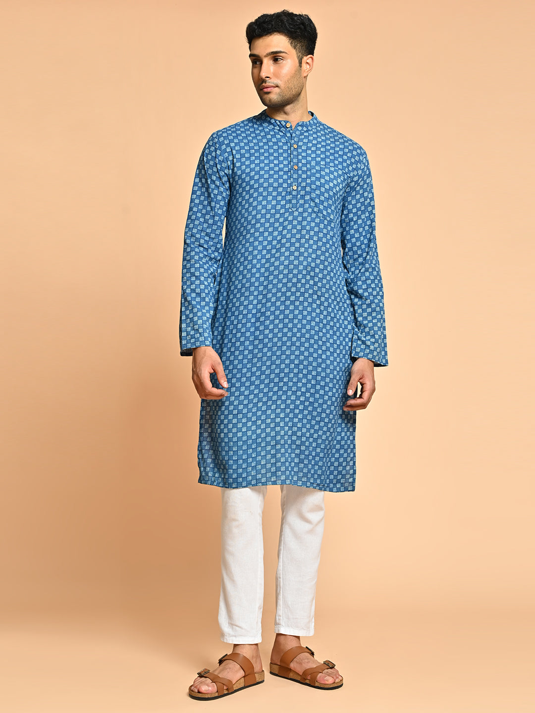 Geometric Print Mandarin Collar Cotton Kurta For Men