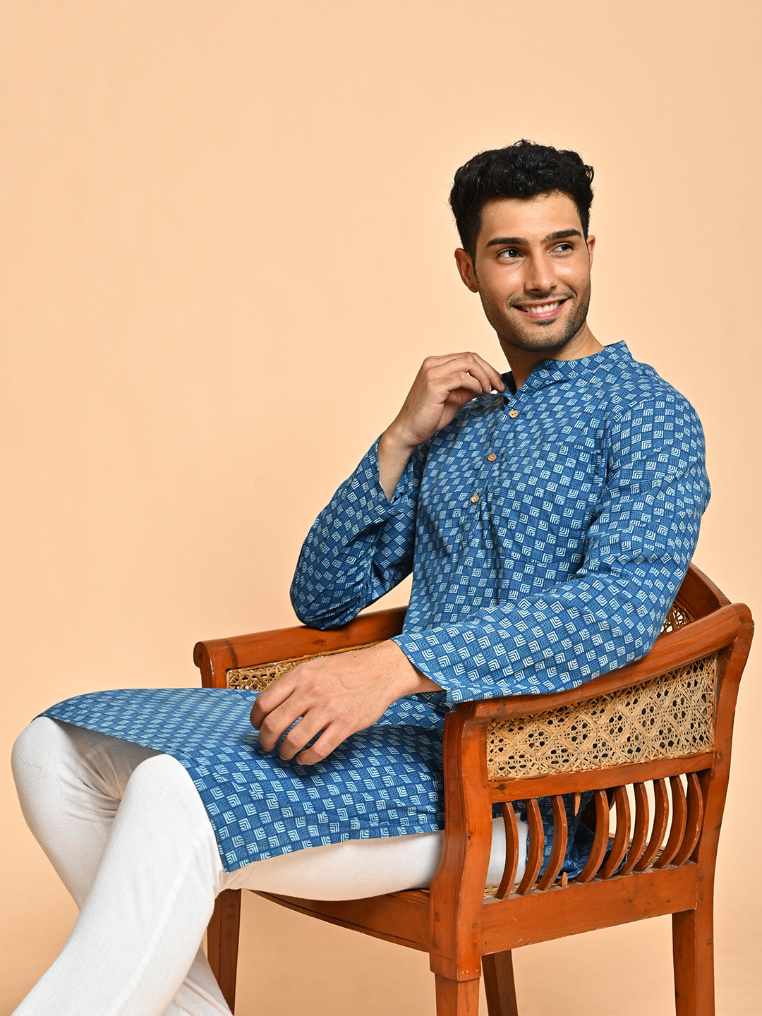 Geometric Print Mandarin Collar Cotton Kurta For Men
