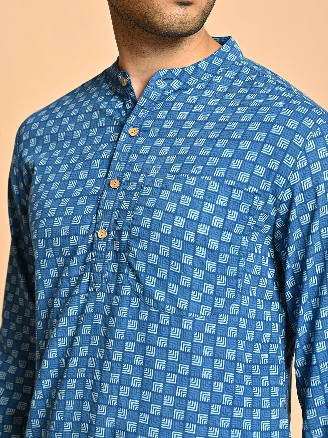 Geometric Print Mandarin Collar Cotton Kurta For Men