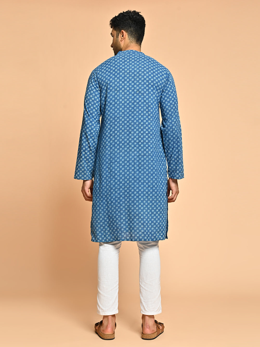 Geometric Print Mandarin Collar Cotton Kurta For Men