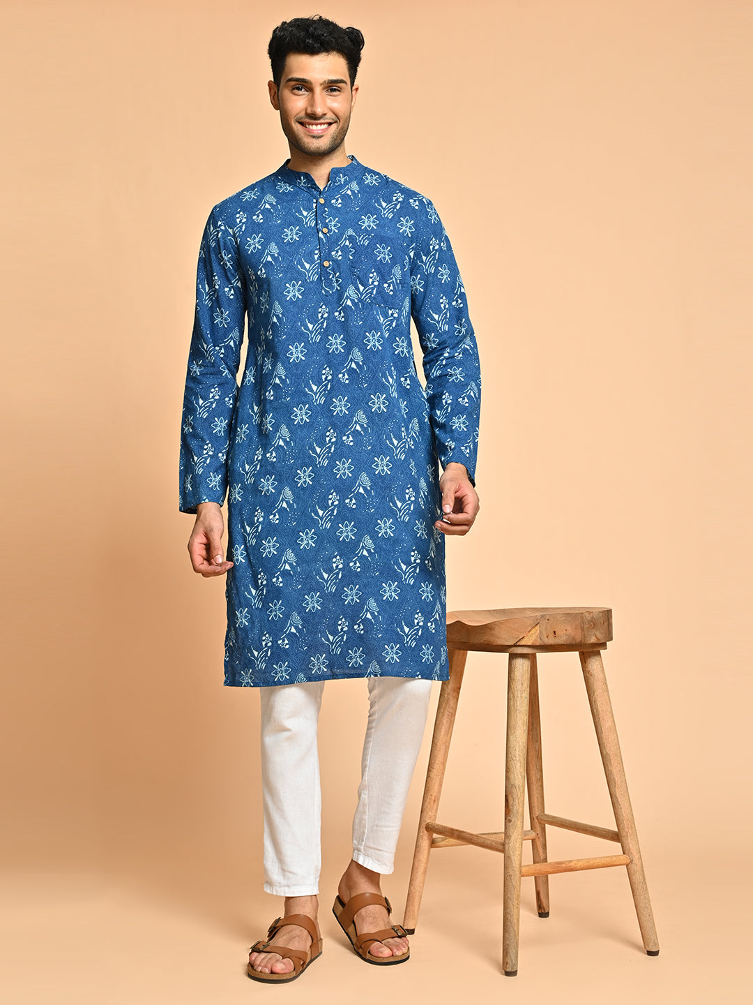 Floral Print Mandarin Collar Cotton Kurta For Men