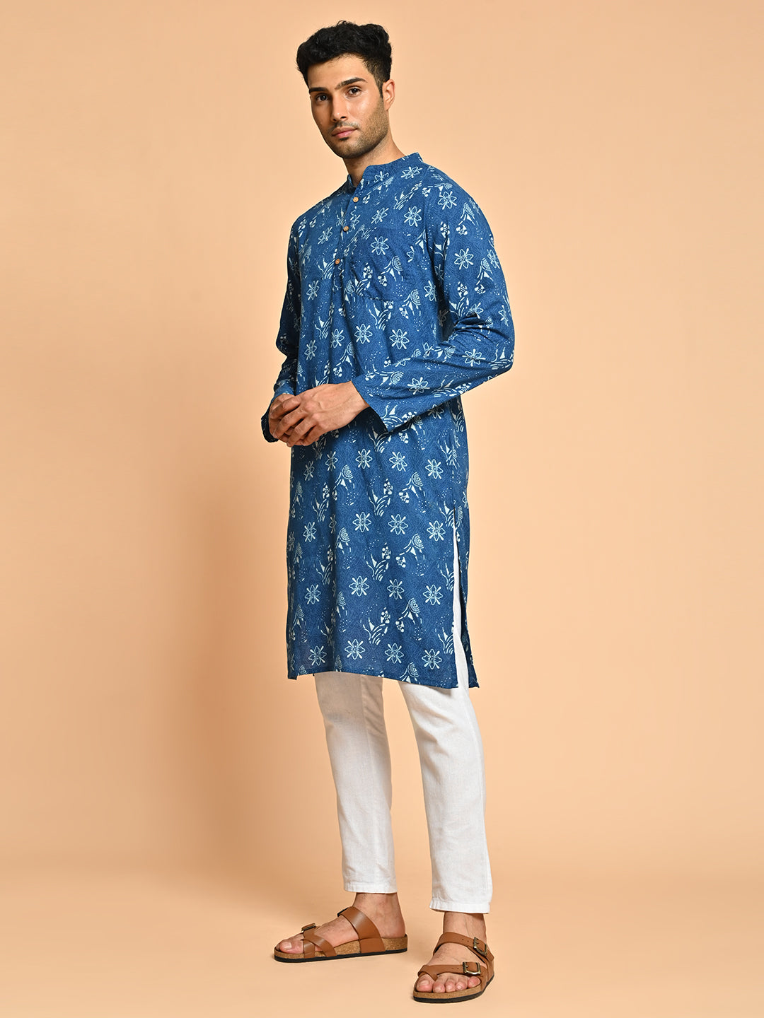 Floral Print Mandarin Collar Cotton Kurta For Men