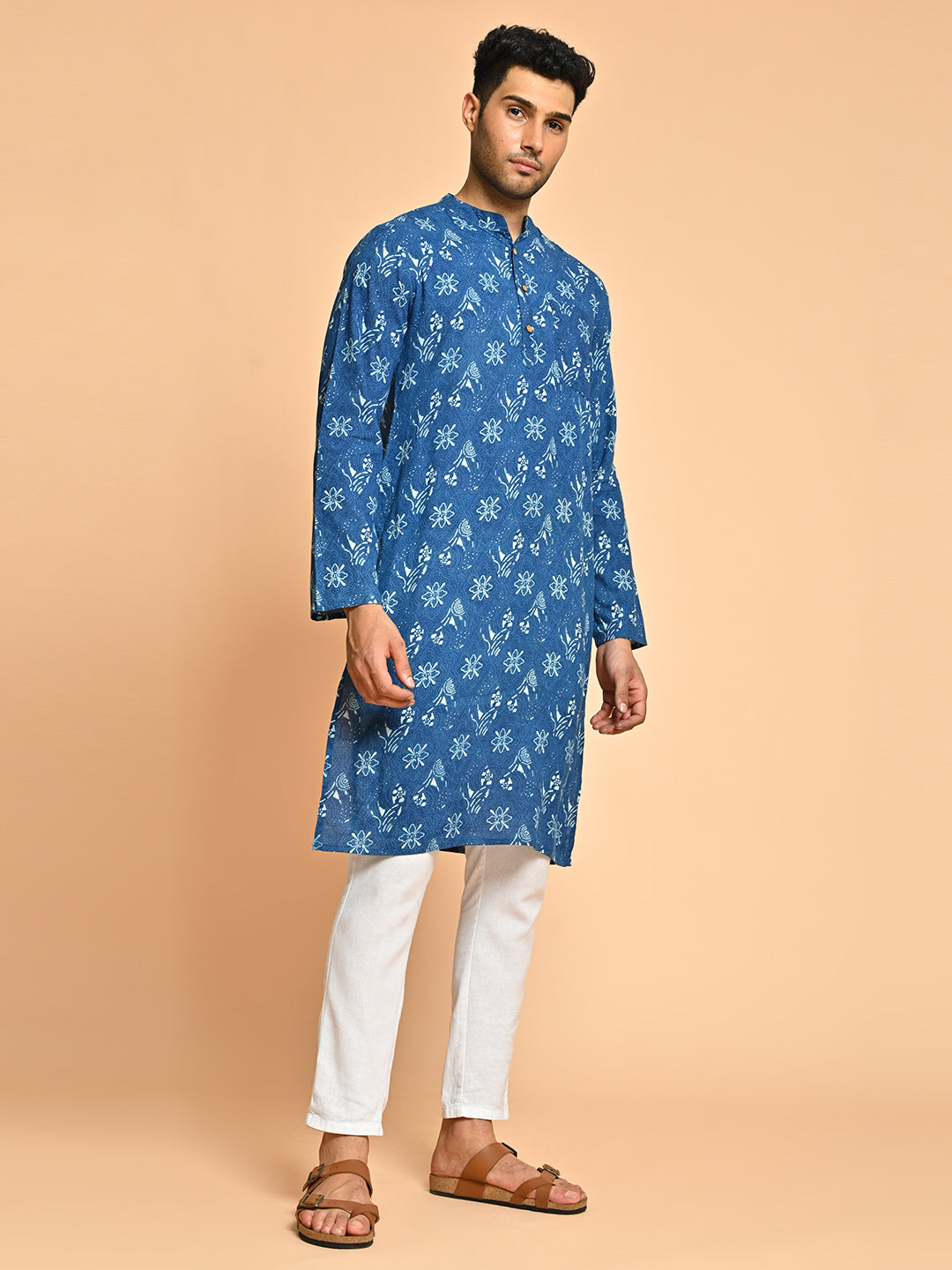 Floral Print Mandarin Collar Cotton Kurta For Men