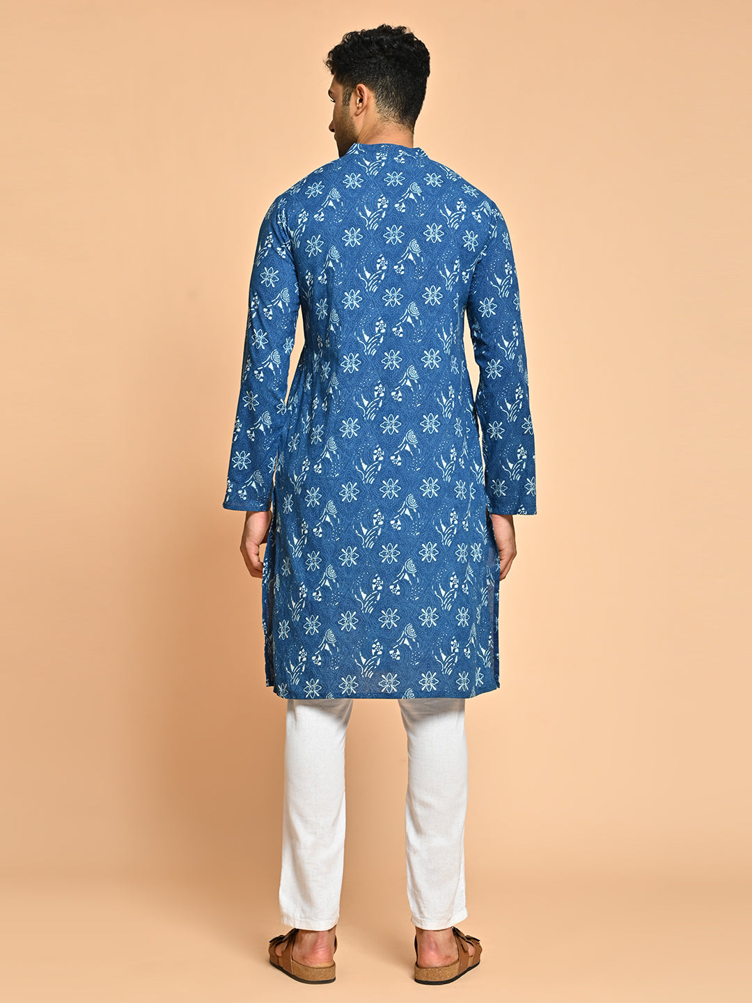 Floral Print Mandarin Collar Cotton Kurta For Men