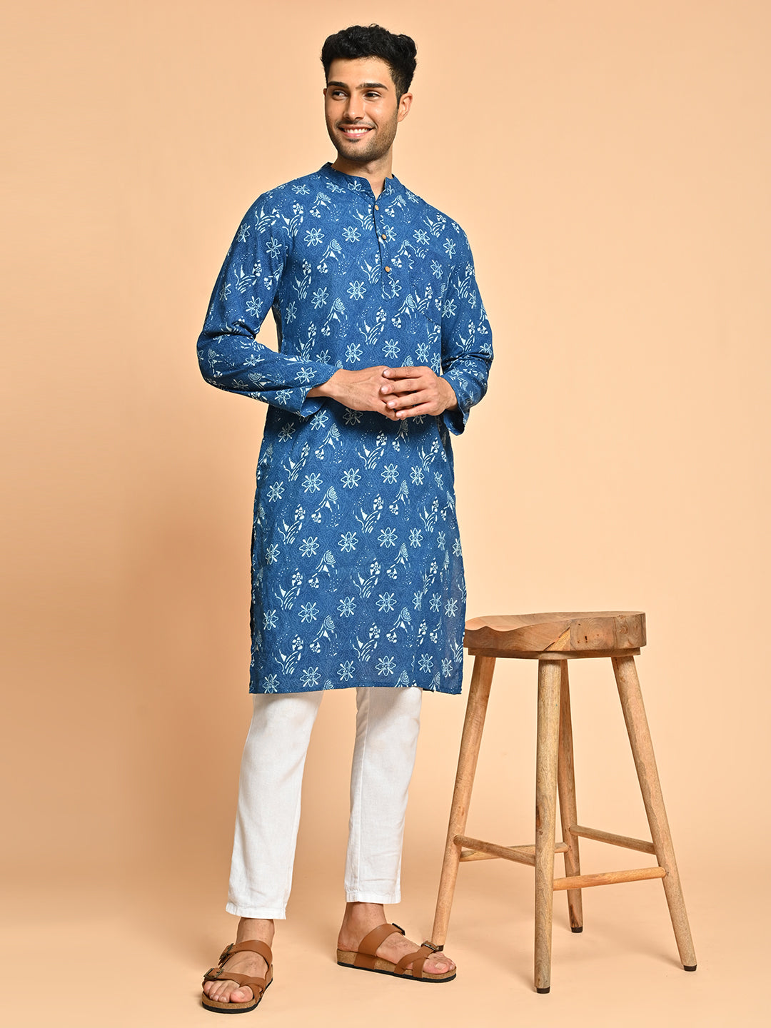 Floral Print Mandarin Collar Cotton Kurta For Men