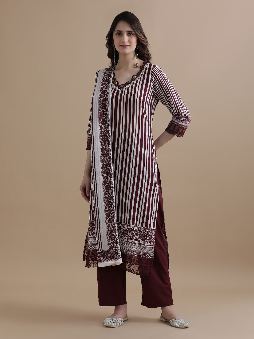 Violet Striped Printed Thread Work Pure Cotton Kurta With Pant & Mulmul Dupatta