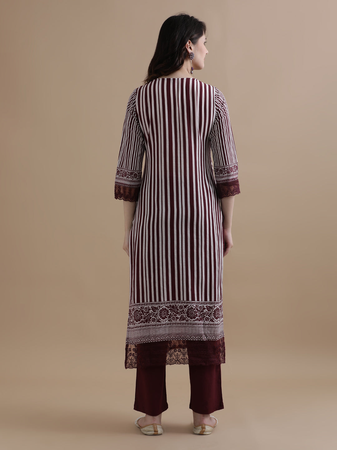 Violet Striped Printed Thread Work Pure Cotton Kurta With Pant & Mulmul Dupatta