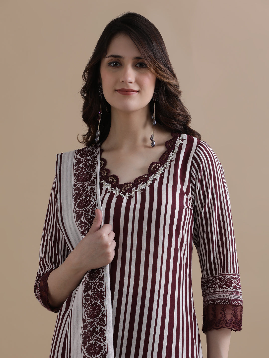 Violet Striped Printed Thread Work Pure Cotton Kurta With Pant & Mulmul Dupatta