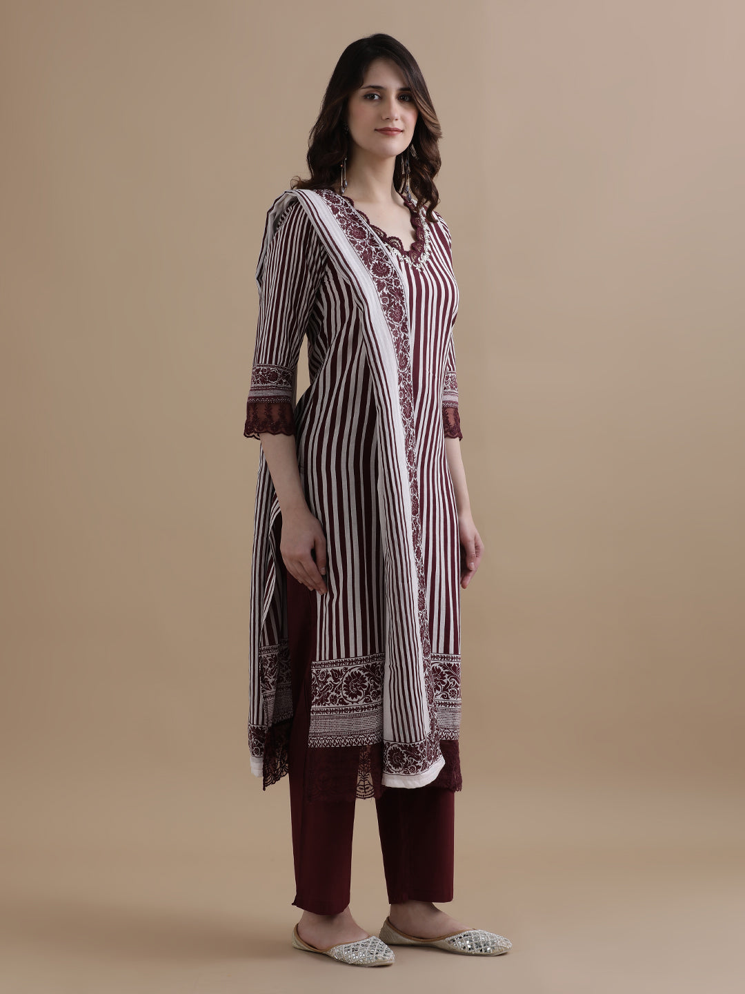 Violet Striped Printed Thread Work Pure Cotton Kurta With Pant & Mulmul Dupatta