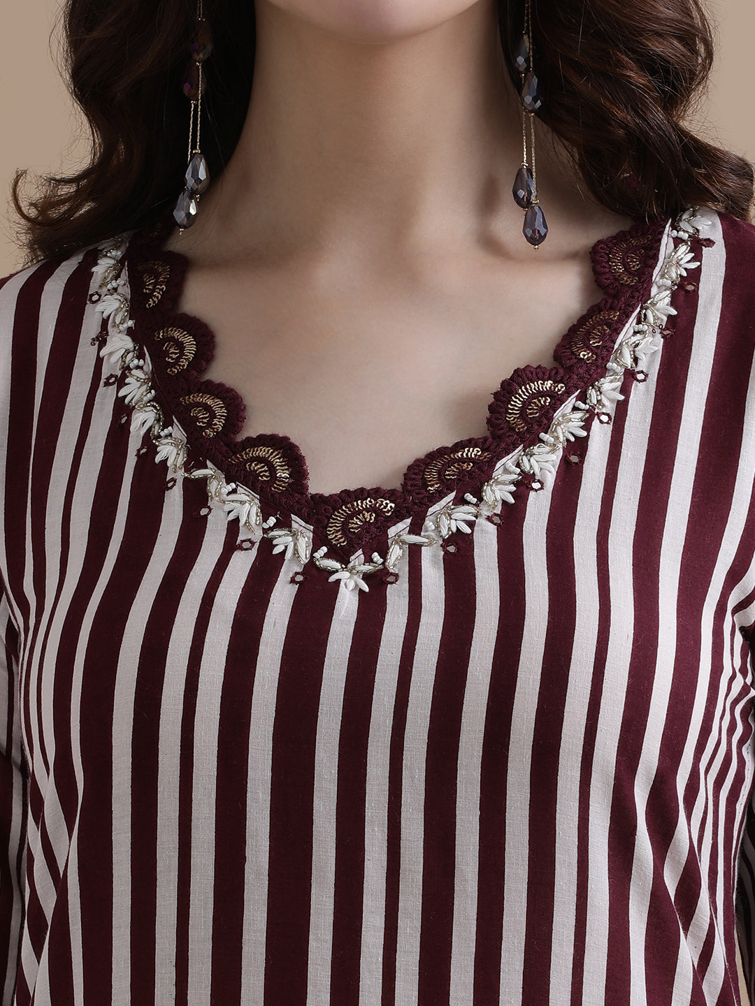 Violet Striped Printed Thread Work Pure Cotton Kurta With Pant & Mulmul Dupatta