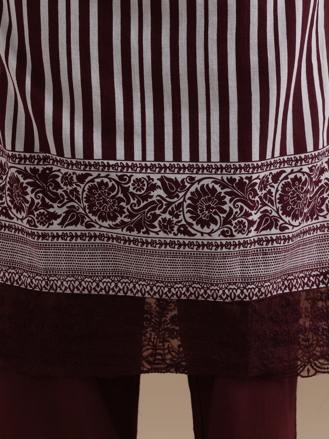 Violet Striped Printed Thread Work Pure Cotton Kurta With Pant & Mulmul Dupatta