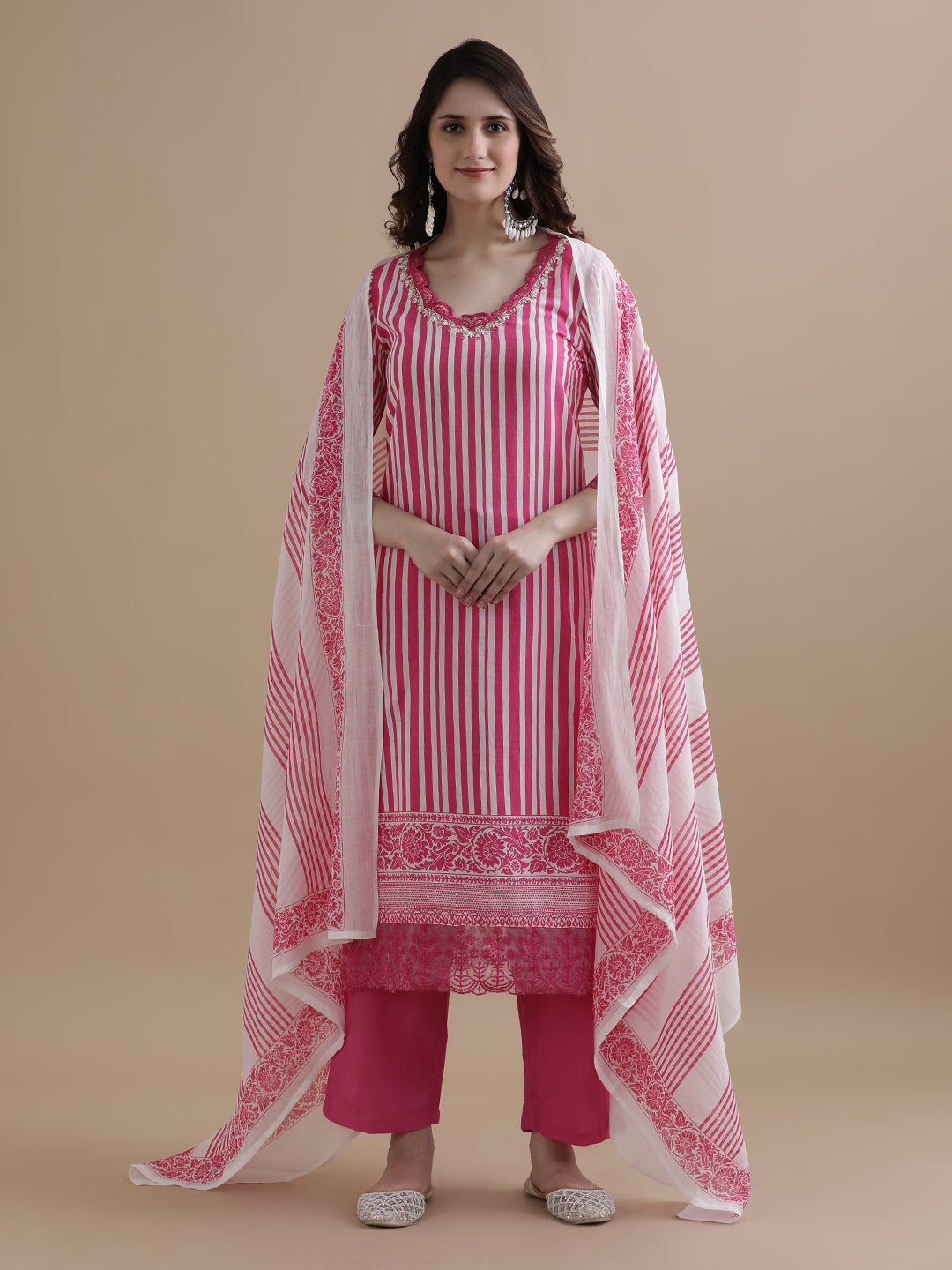 Pink Striped Printed Thread Work Pure Cotton Kurta With Pant & Mulmul Dupatta