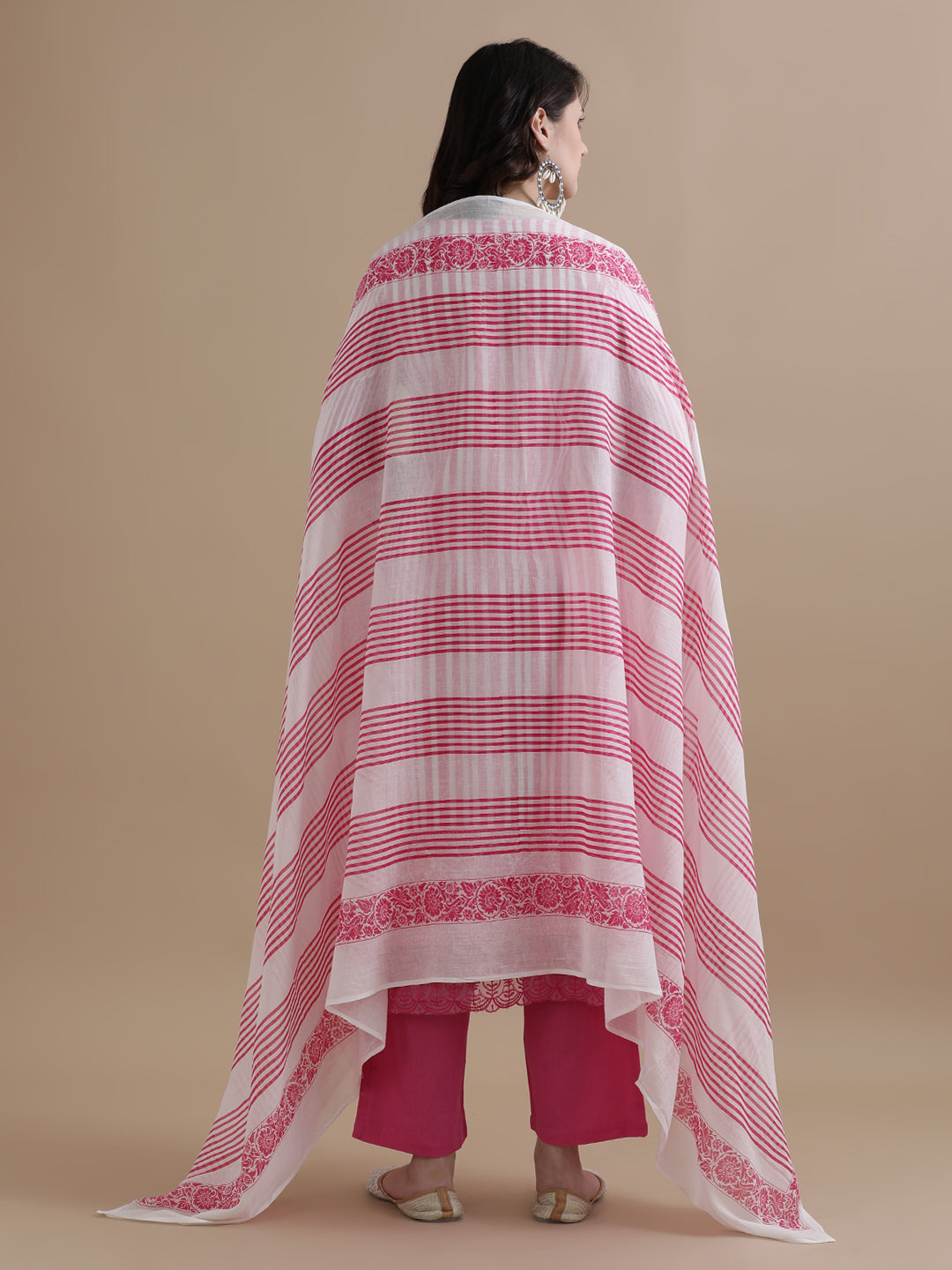 Pink Striped Printed Thread Work Pure Cotton Kurta With Pant & Mulmul Dupatta