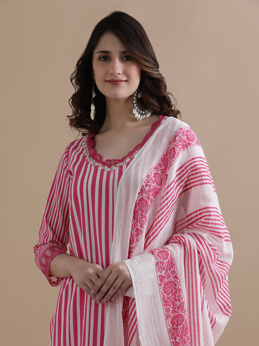Pink Striped Printed Thread Work Pure Cotton Kurta With Pant & Mulmul Dupatta