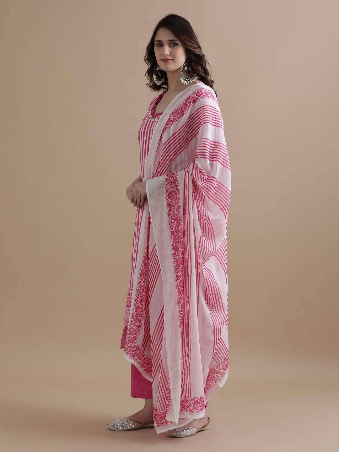 Pink Striped Printed Thread Work Pure Cotton Kurta With Pant & Mulmul Dupatta