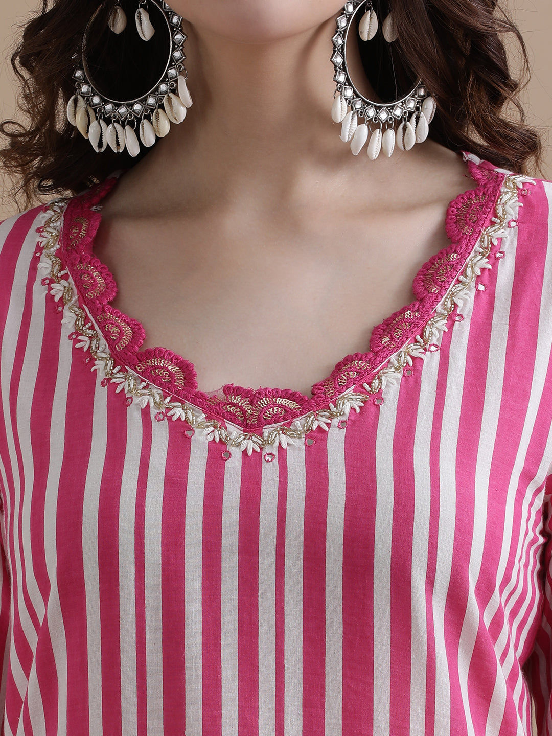 Pink Striped Printed Thread Work Pure Cotton Kurta With Pant & Mulmul Dupatta