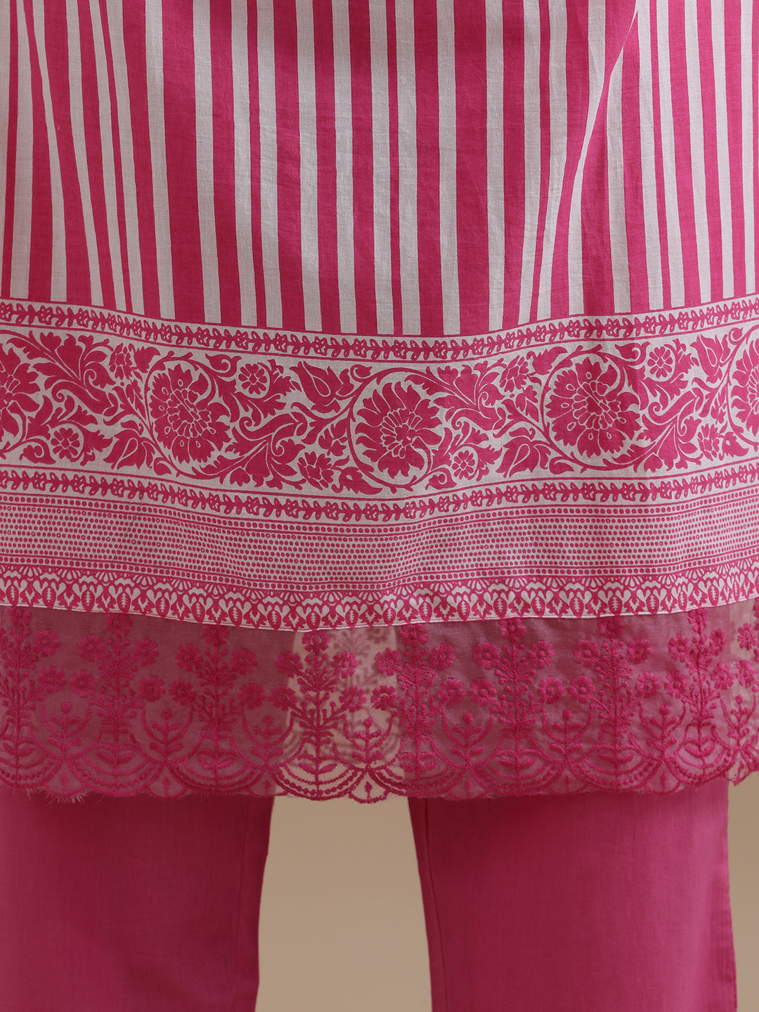 Pink Striped Printed Thread Work Pure Cotton Kurta With Pant & Mulmul Dupatta