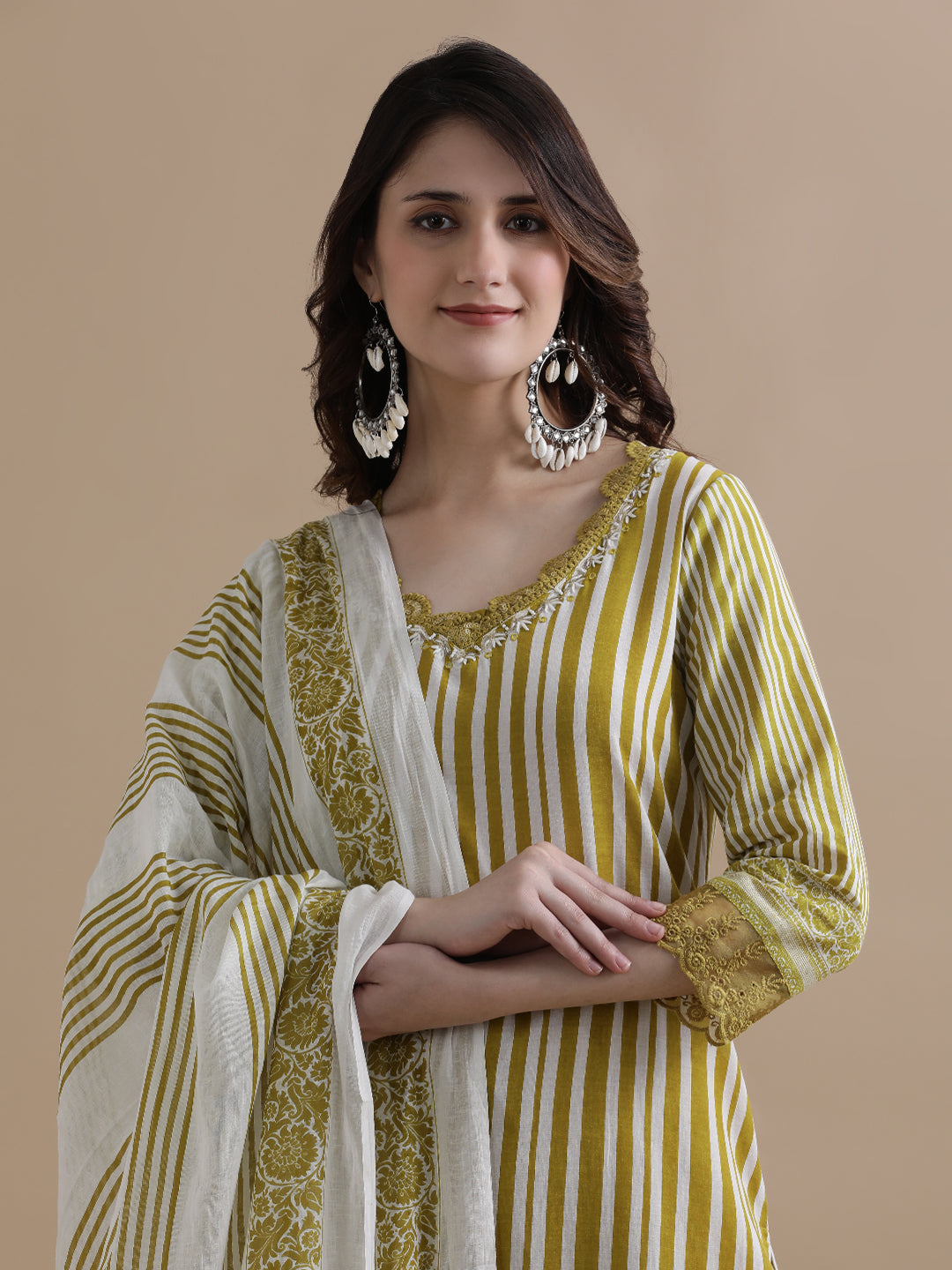 Mustard Striped Printed Thread Work Pure Cotton Kurta With Pant & Mulmul Dupatta