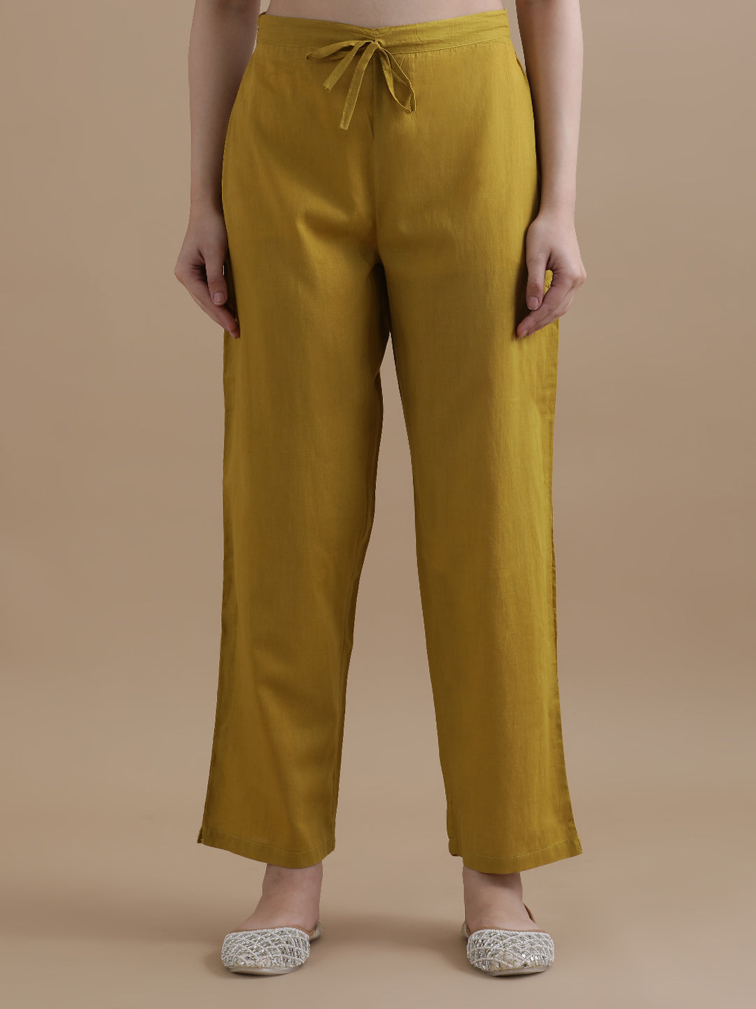 Mustard Striped Printed Thread Work Pure Cotton Kurta With Pant & Mulmul Dupatta