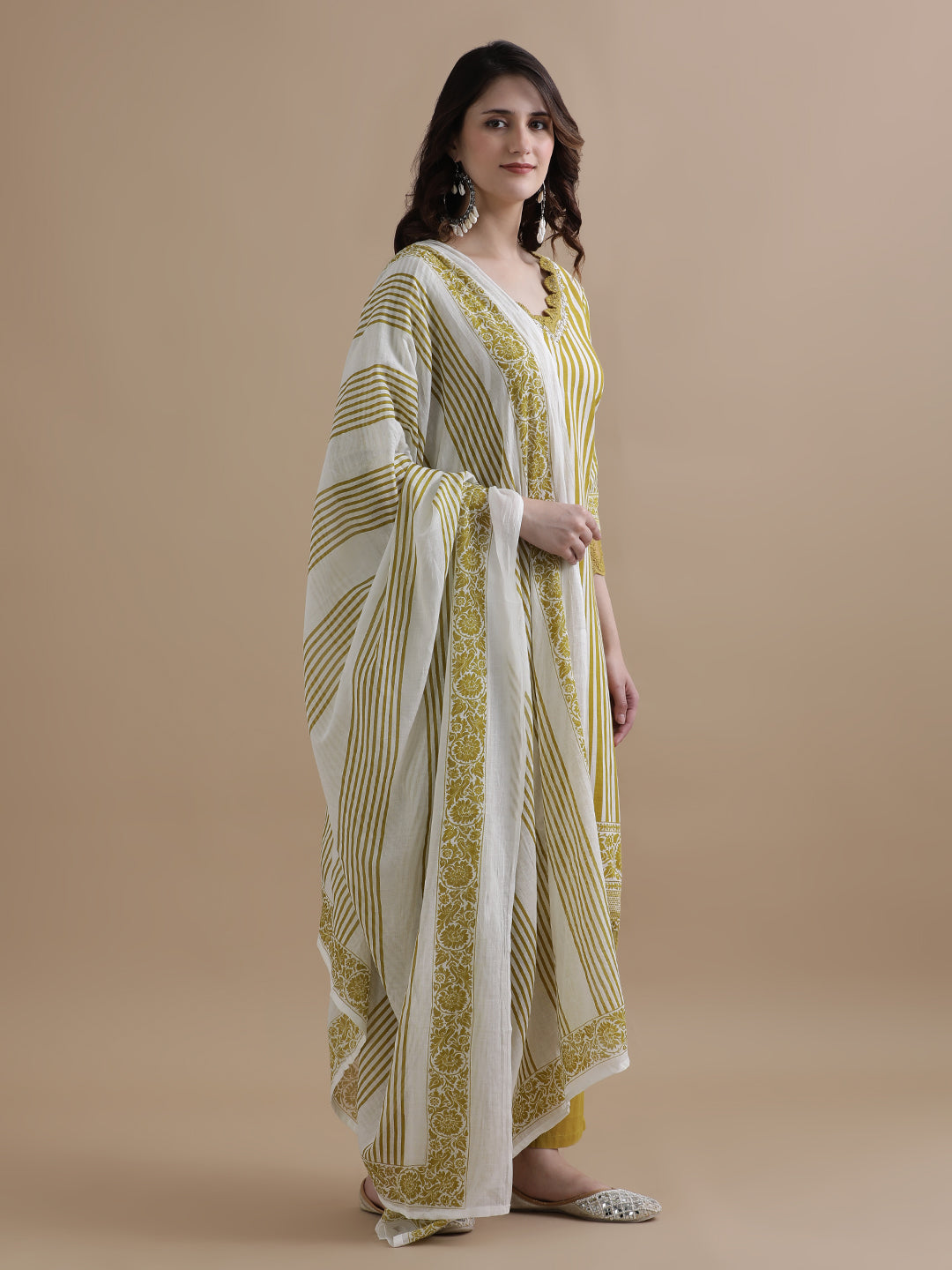 Mustard Striped Printed Thread Work Pure Cotton Kurta With Pant & Mulmul Dupatta