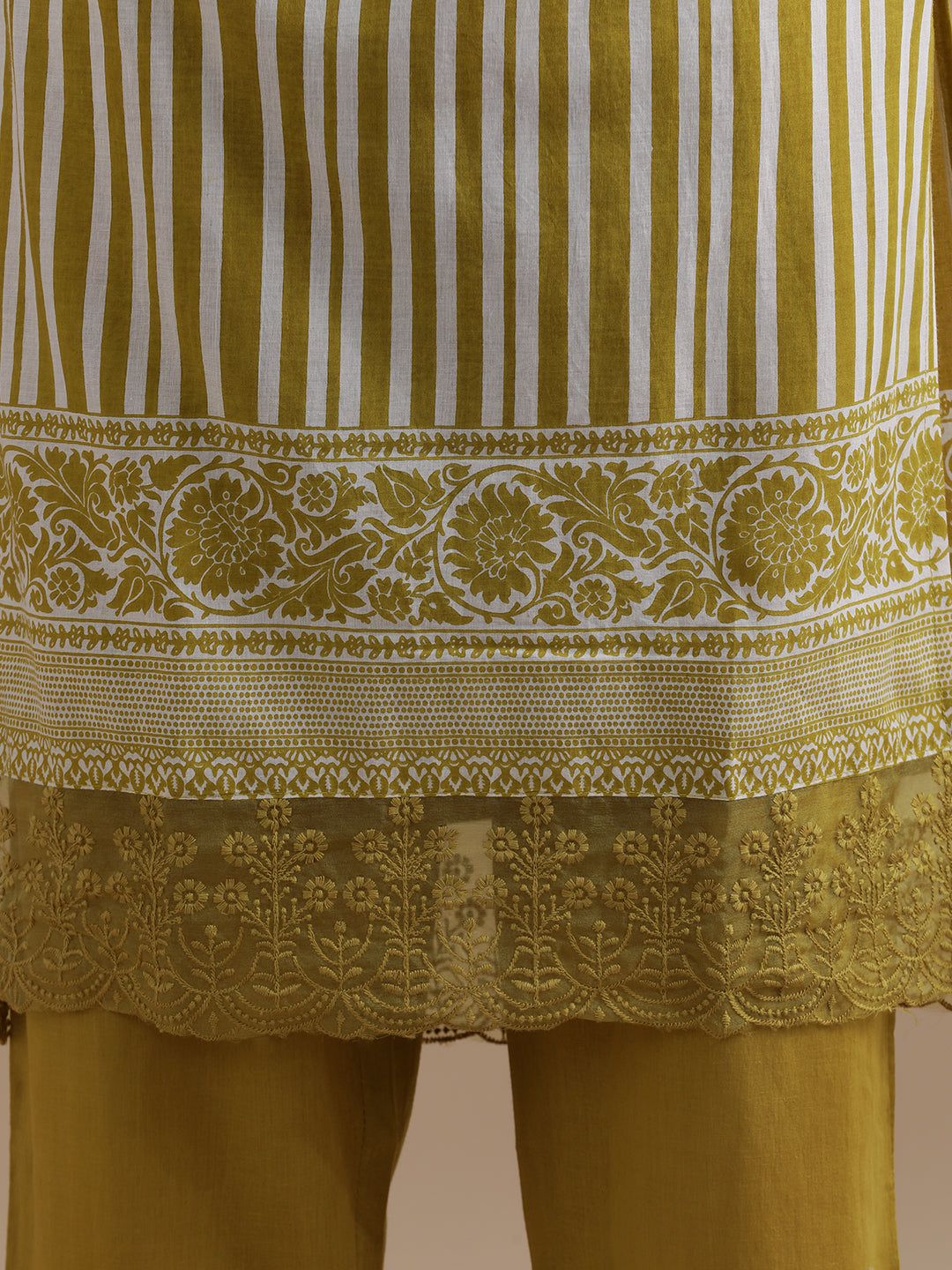 Mustard Striped Printed Thread Work Pure Cotton Kurta With Pant & Mulmul Dupatta