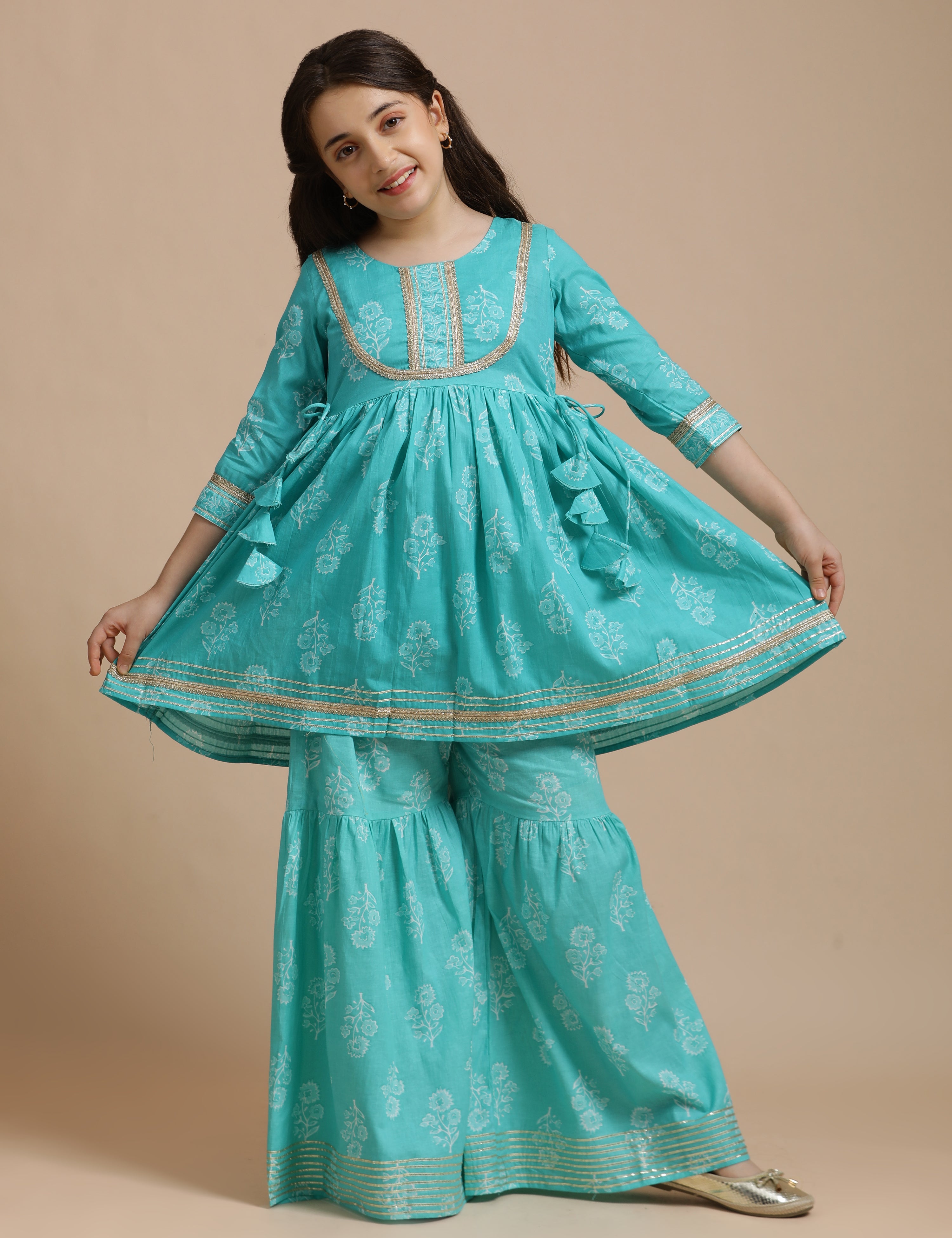 Girls Pure Cotton Floral Embroidered Anarkali Kurta With Sharara