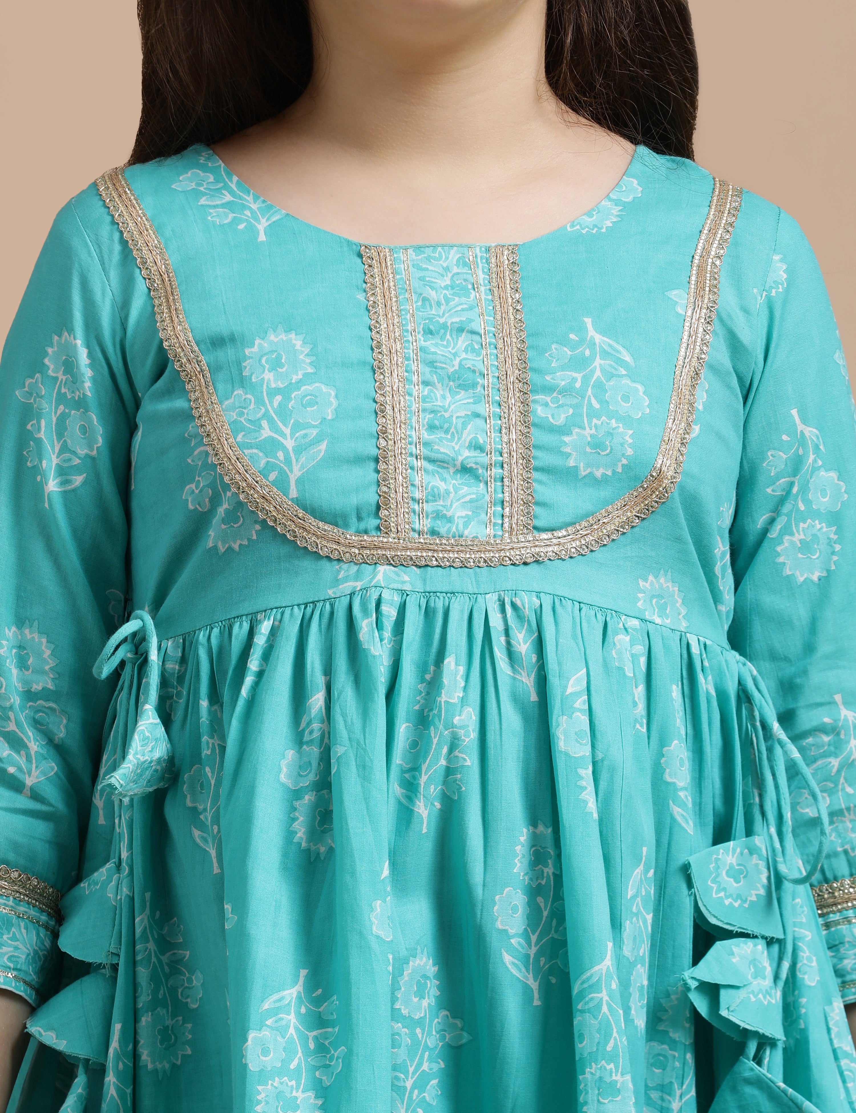Girls Pure Cotton Floral Embroidered Anarkali Kurta With Sharara