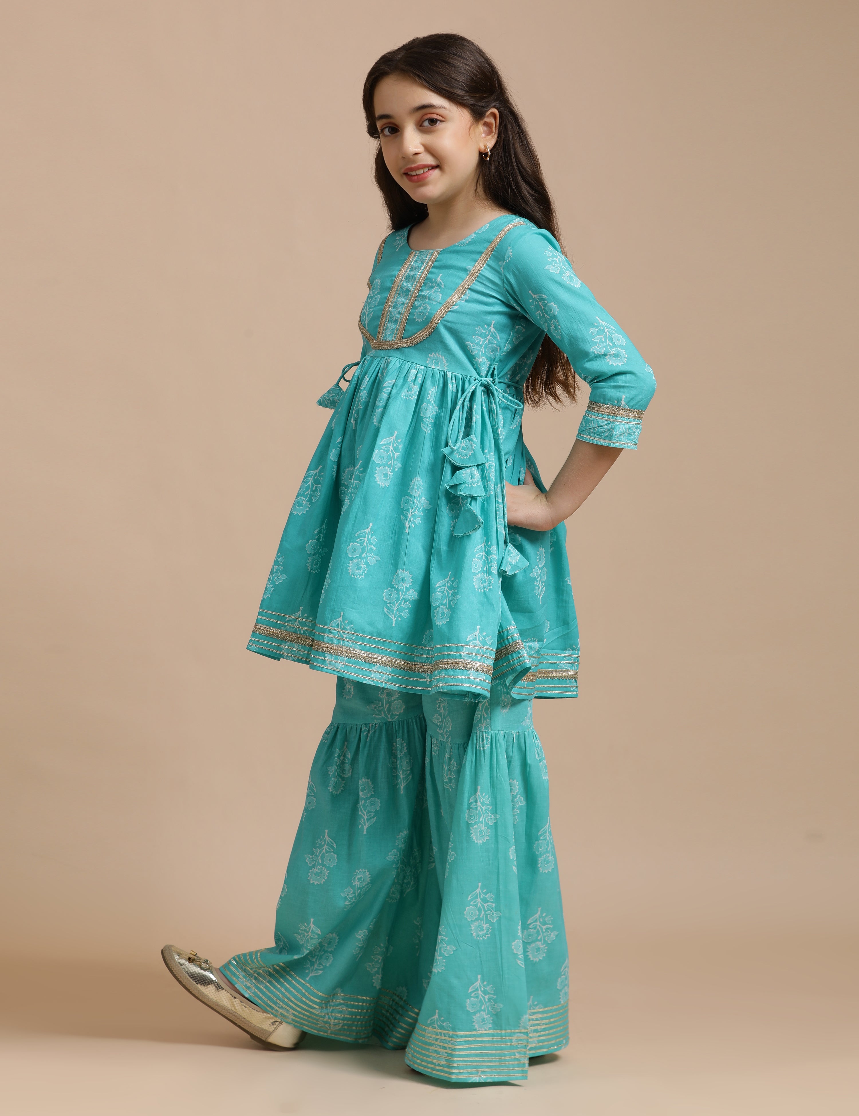 Girls Pure Cotton Floral Embroidered Anarkali Kurta With Sharara