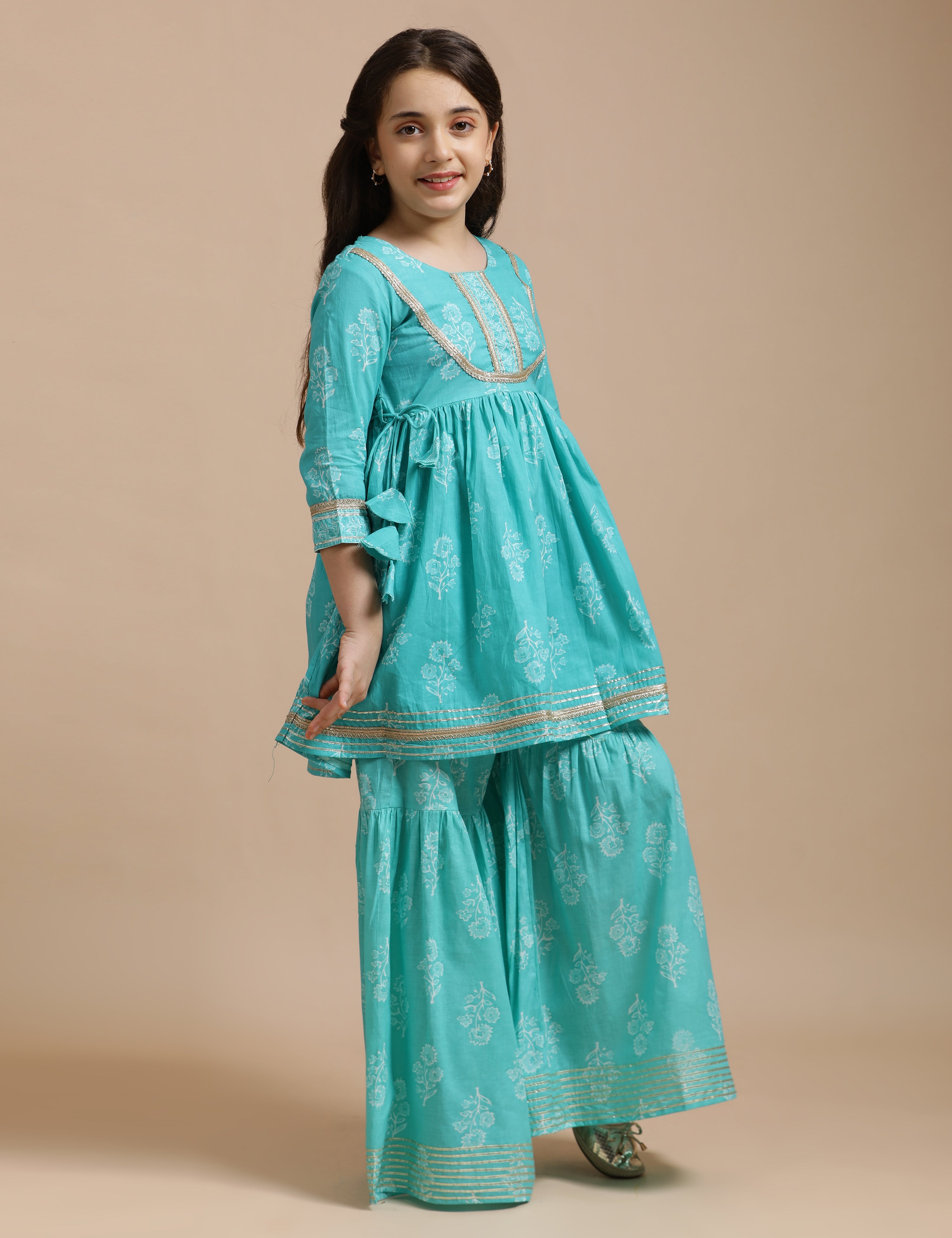Girls Pure Cotton Floral Embroidered Anarkali Kurta With Sharara