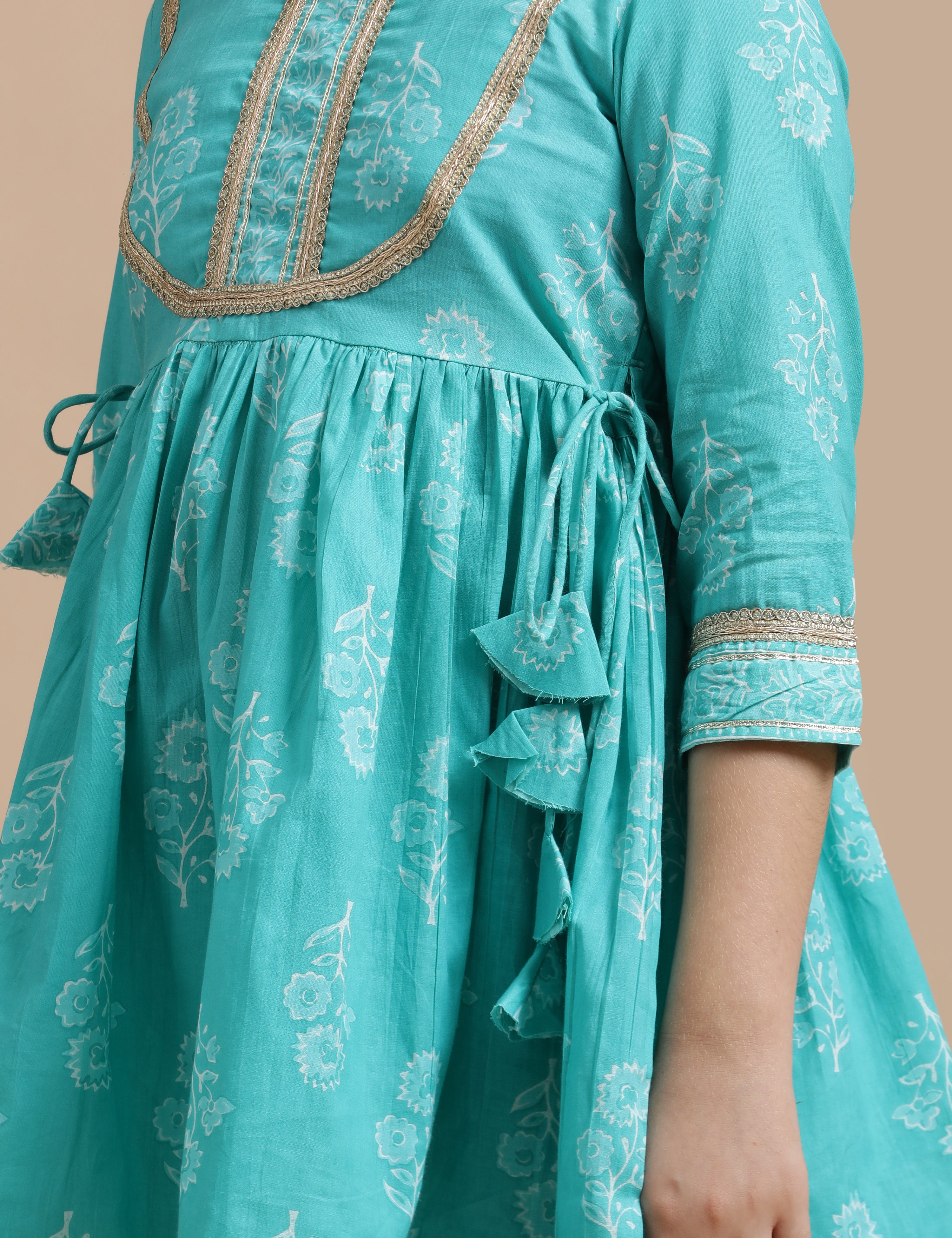Girls Pure Cotton Floral Embroidered Anarkali Kurta With Sharara