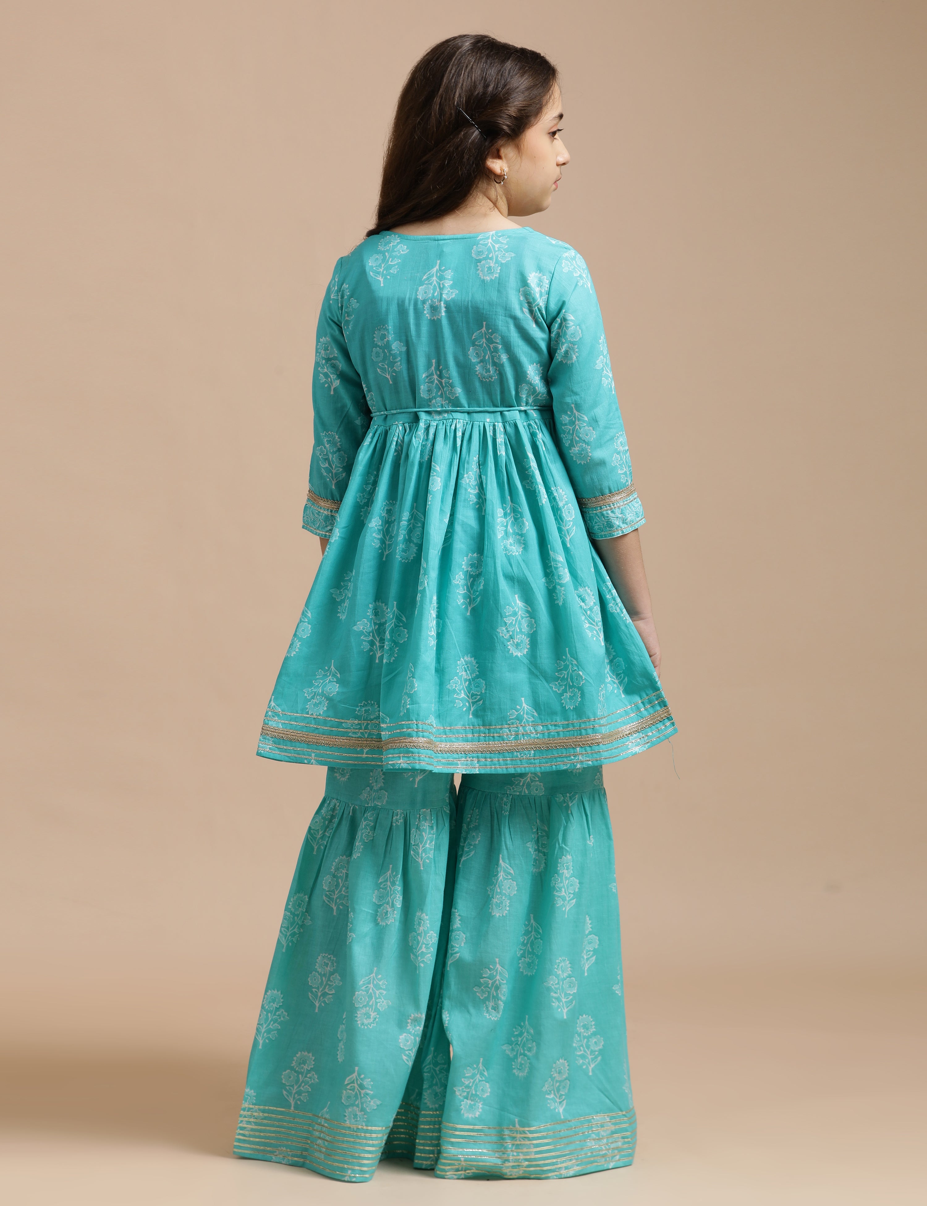 Girls Pure Cotton Floral Embroidered Anarkali Kurta With Sharara