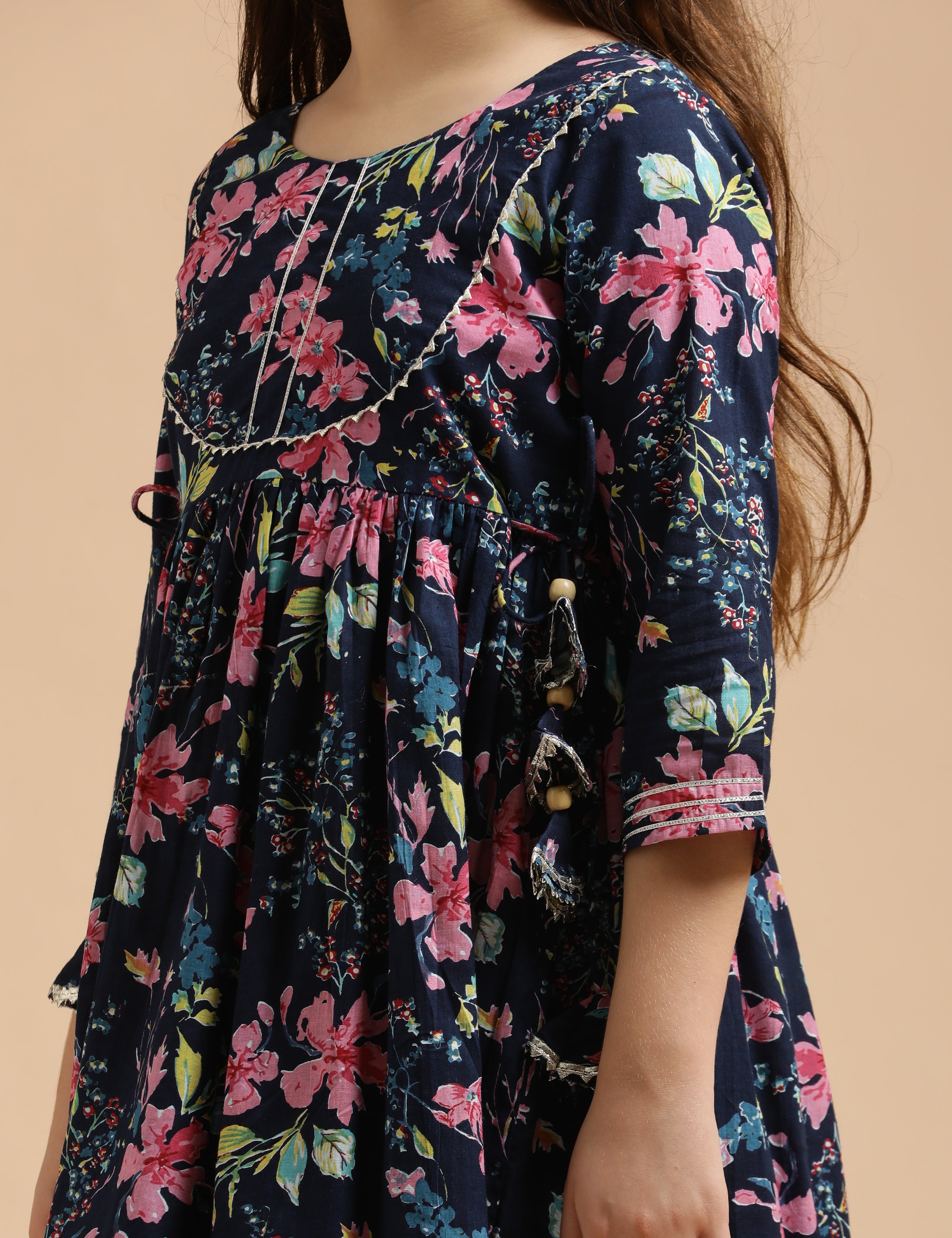 Girls Pure Cotton Floral Embroidered Anarkali Kurta With Sharara