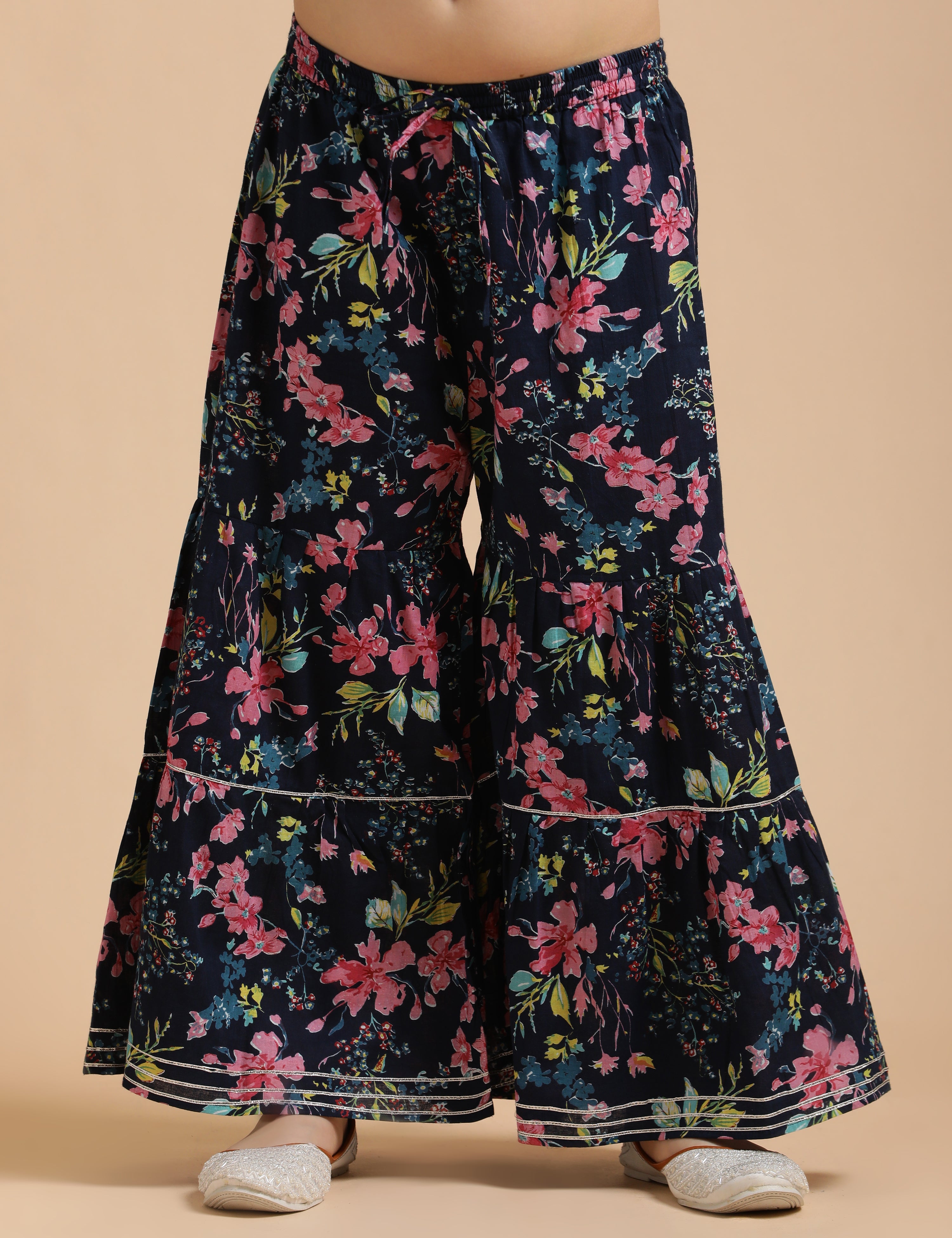 Girls Pure Cotton Floral Embroidered Anarkali Kurta With Sharara