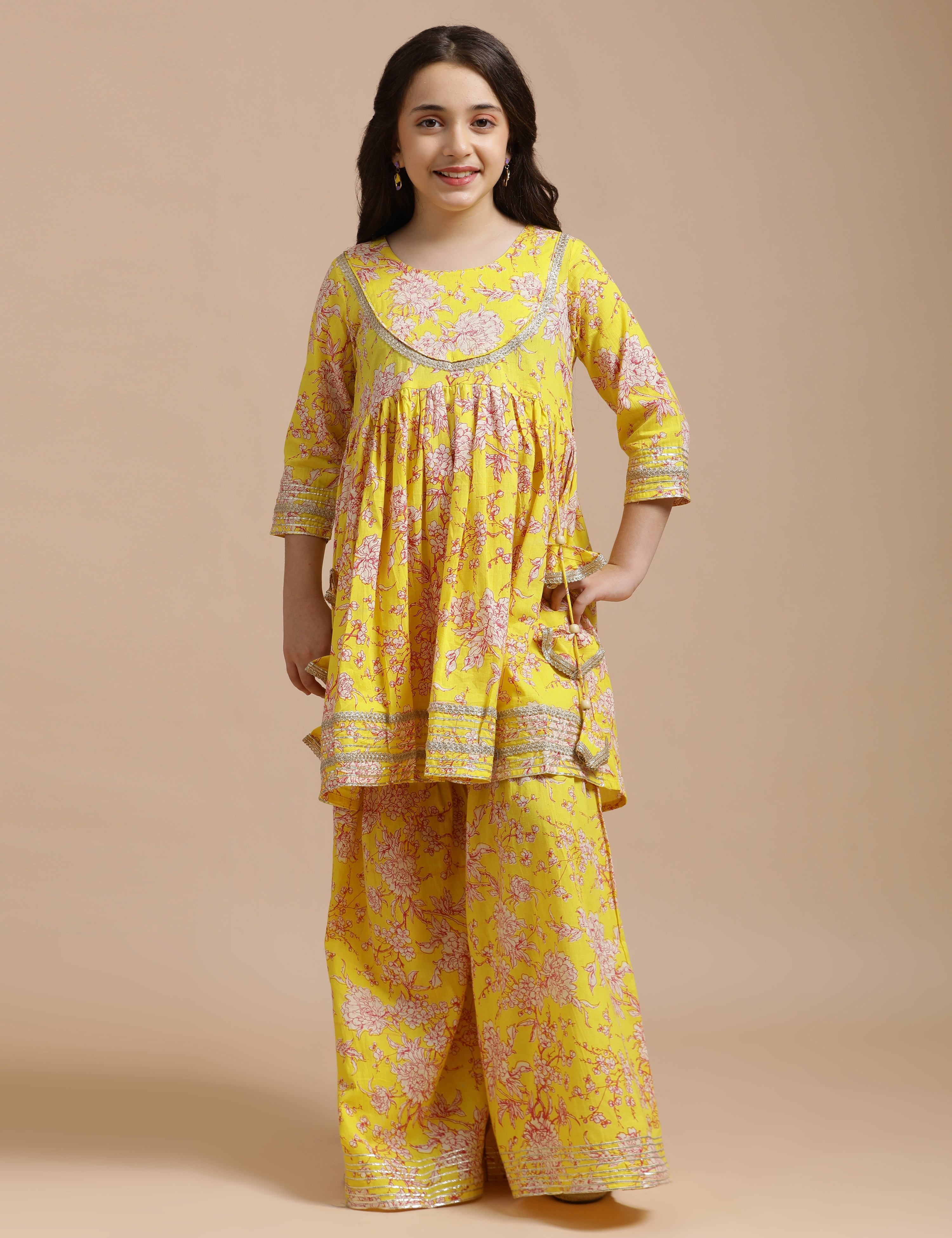 Girls Pure Cotton Floral Embroidered Anarkali Kurta With Sharara