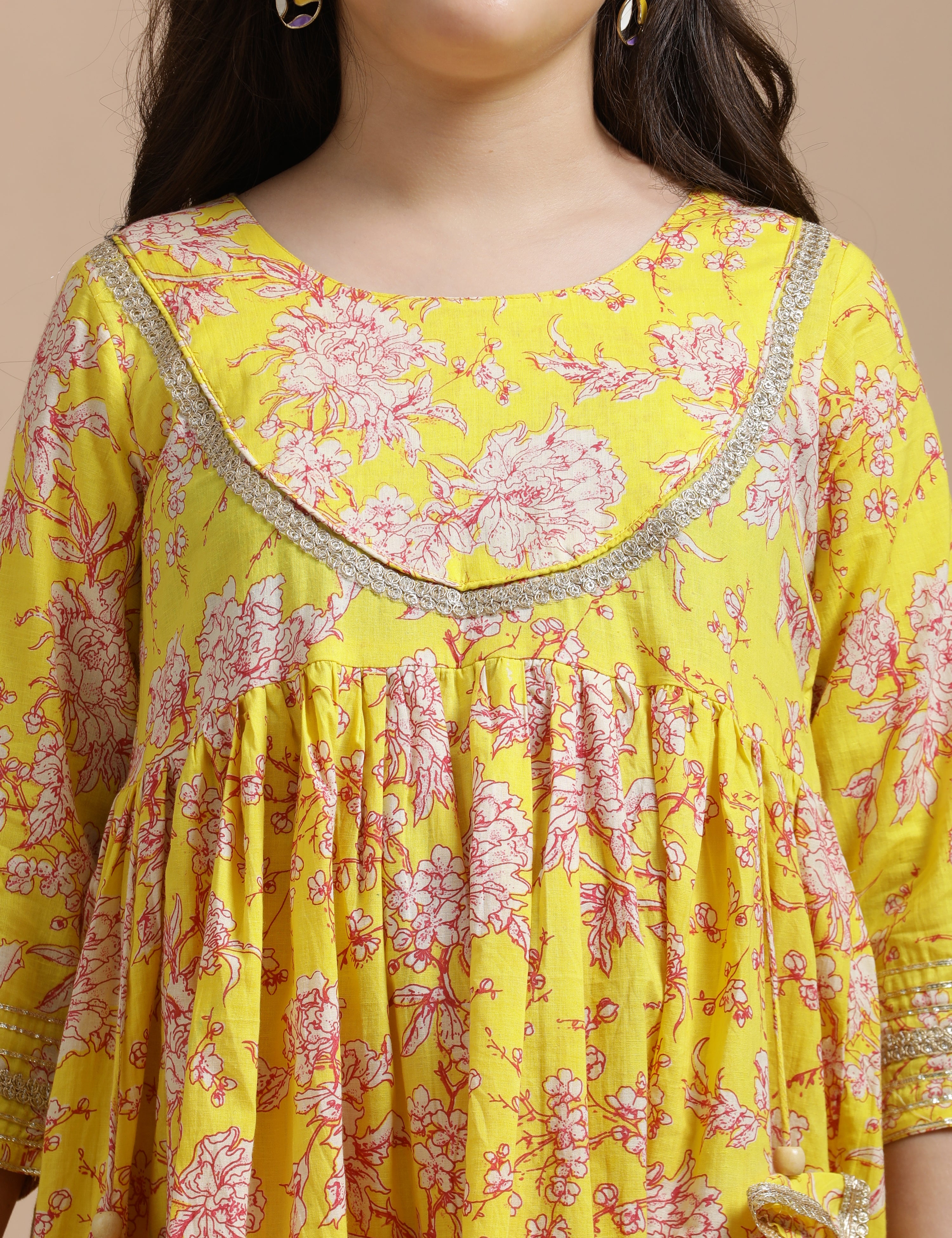 Girls Pure Cotton Floral Embroidered Anarkali Kurta With Sharara