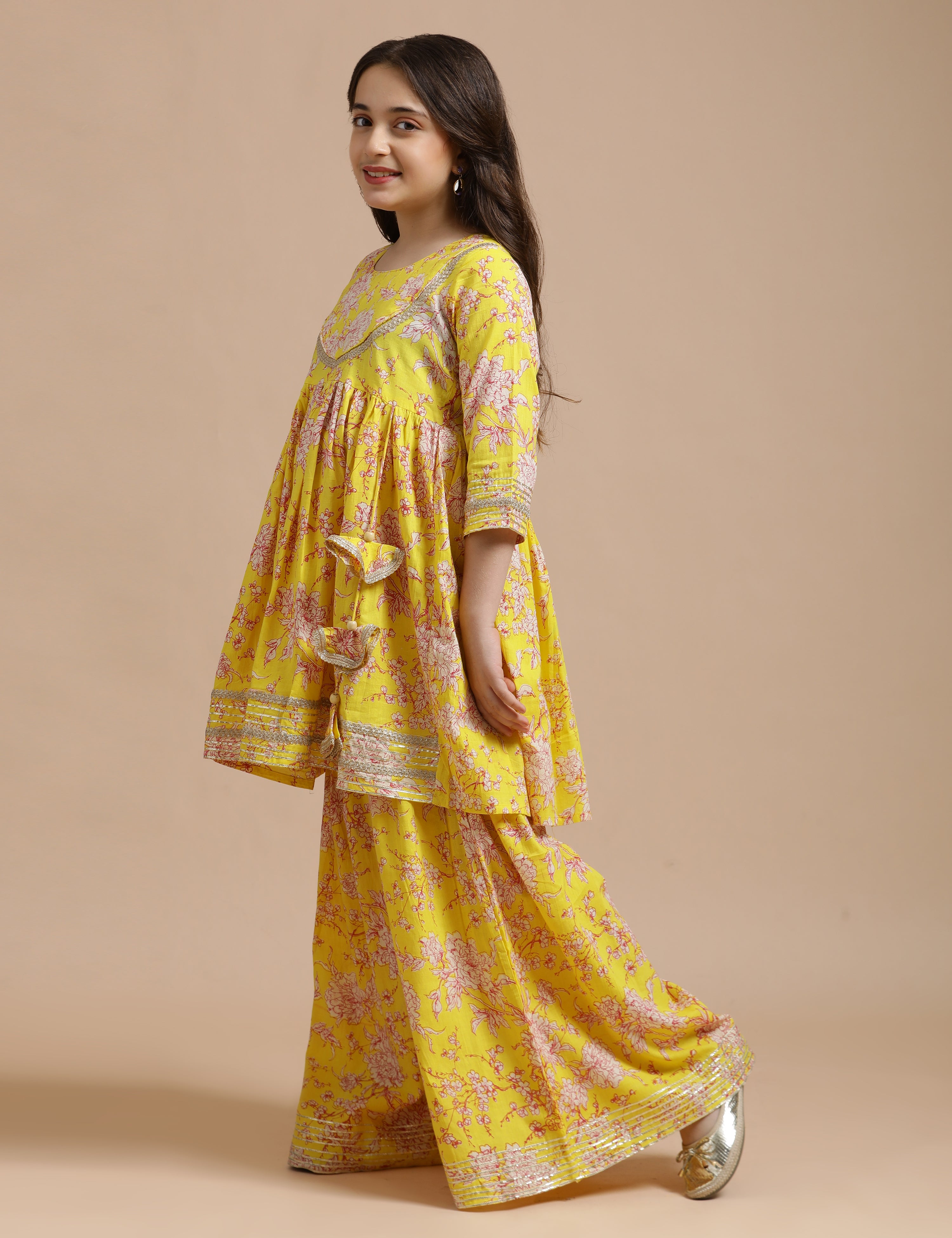 Girls Pure Cotton Floral Embroidered Anarkali Kurta With Sharara