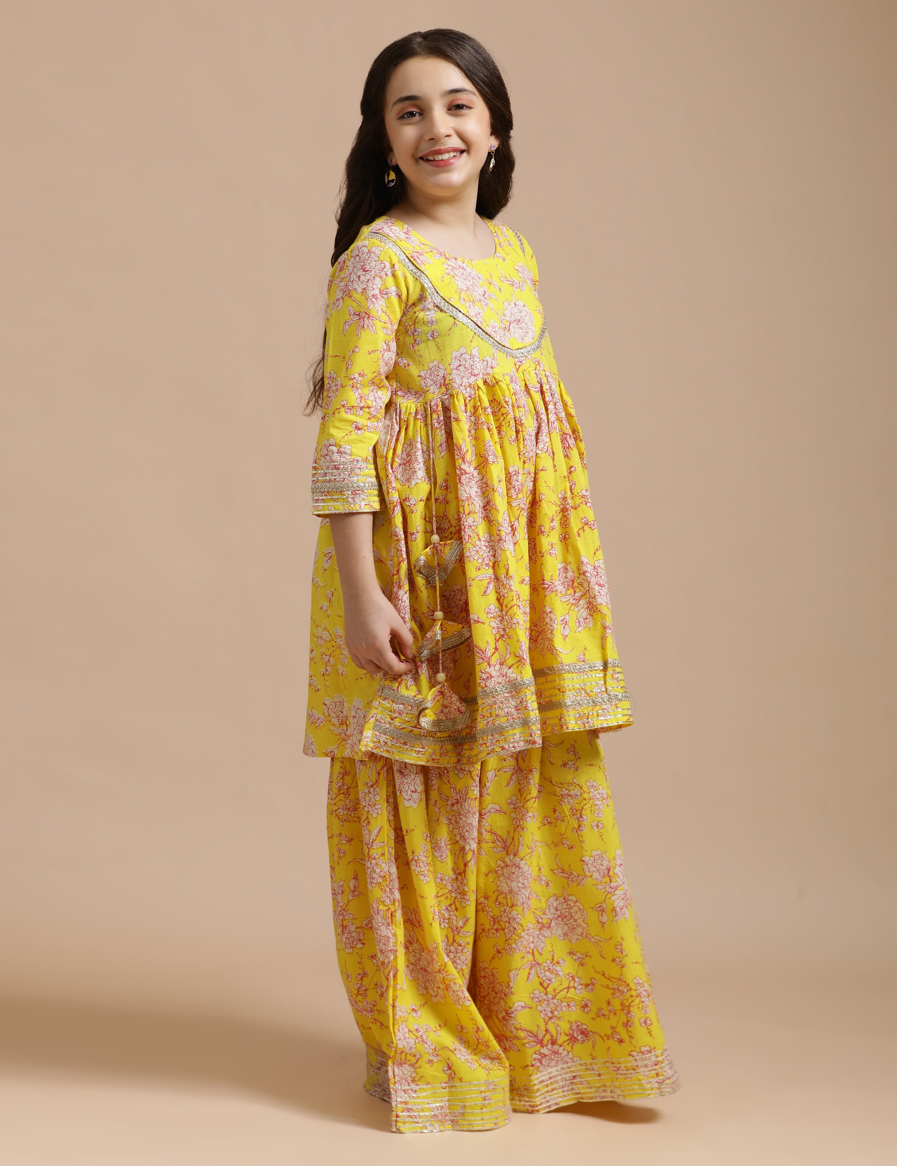 Girls Pure Cotton Floral Embroidered Anarkali Kurta With Sharara