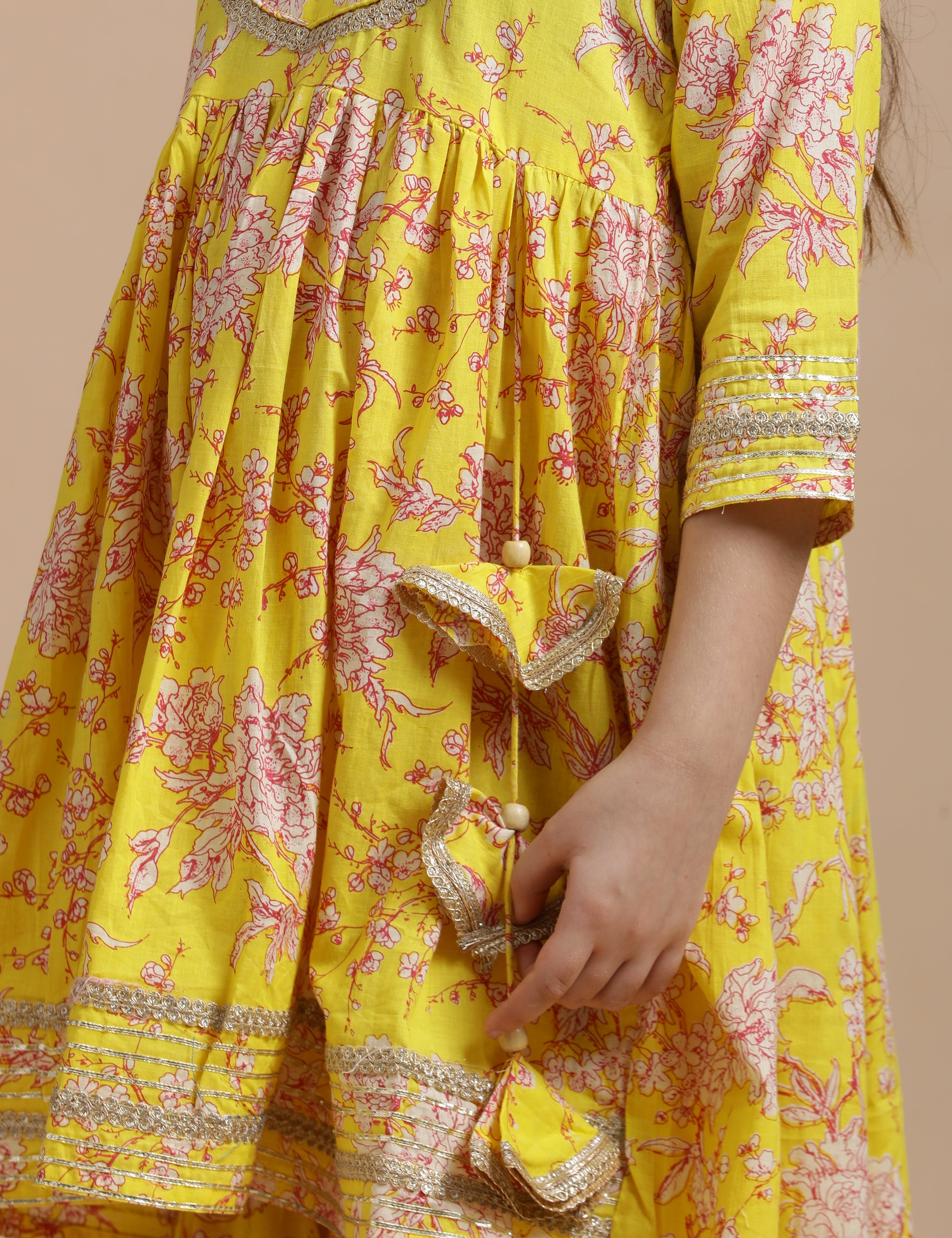 Girls Pure Cotton Floral Embroidered Anarkali Kurta With Sharara