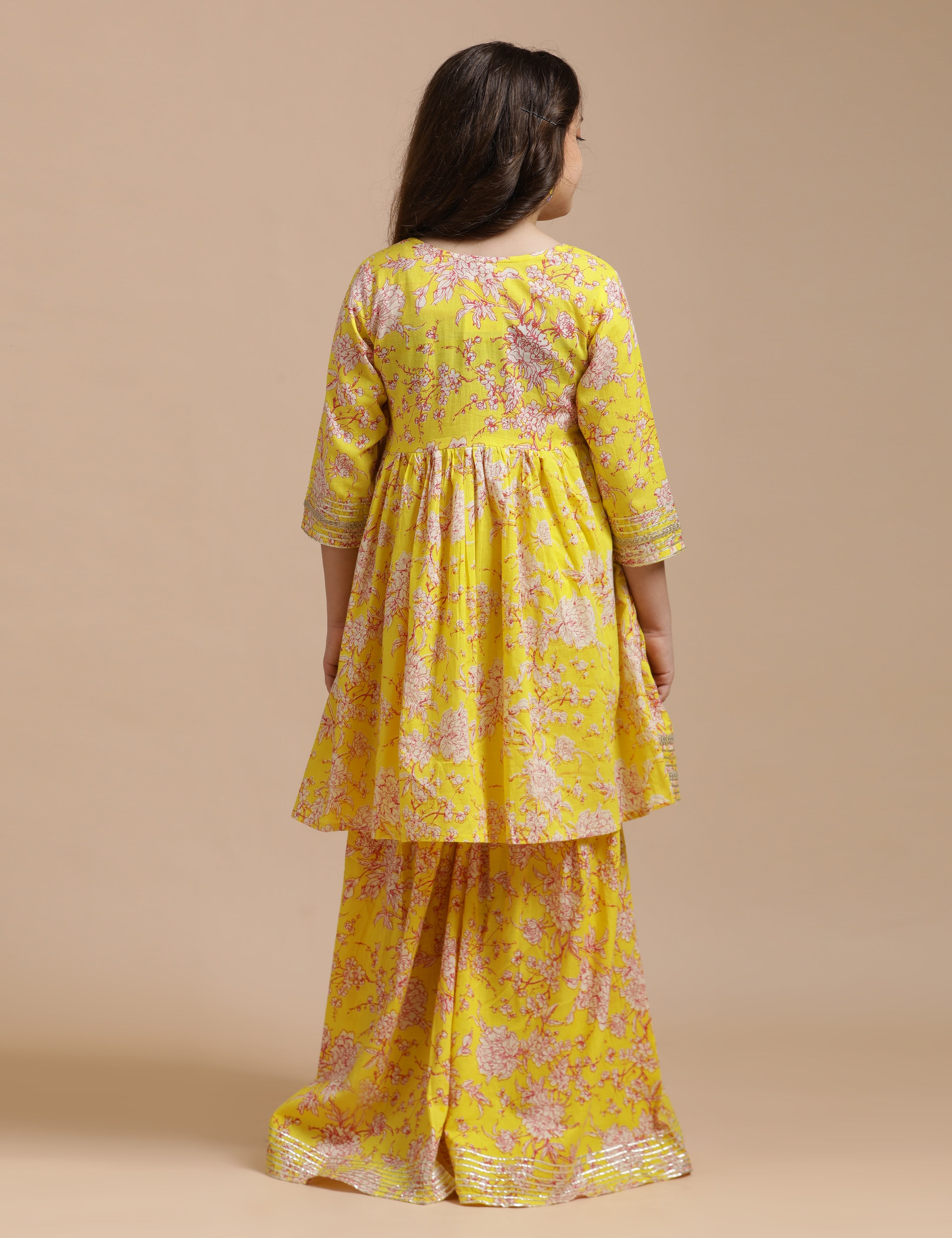 Girls Pure Cotton Floral Embroidered Anarkali Kurta With Sharara