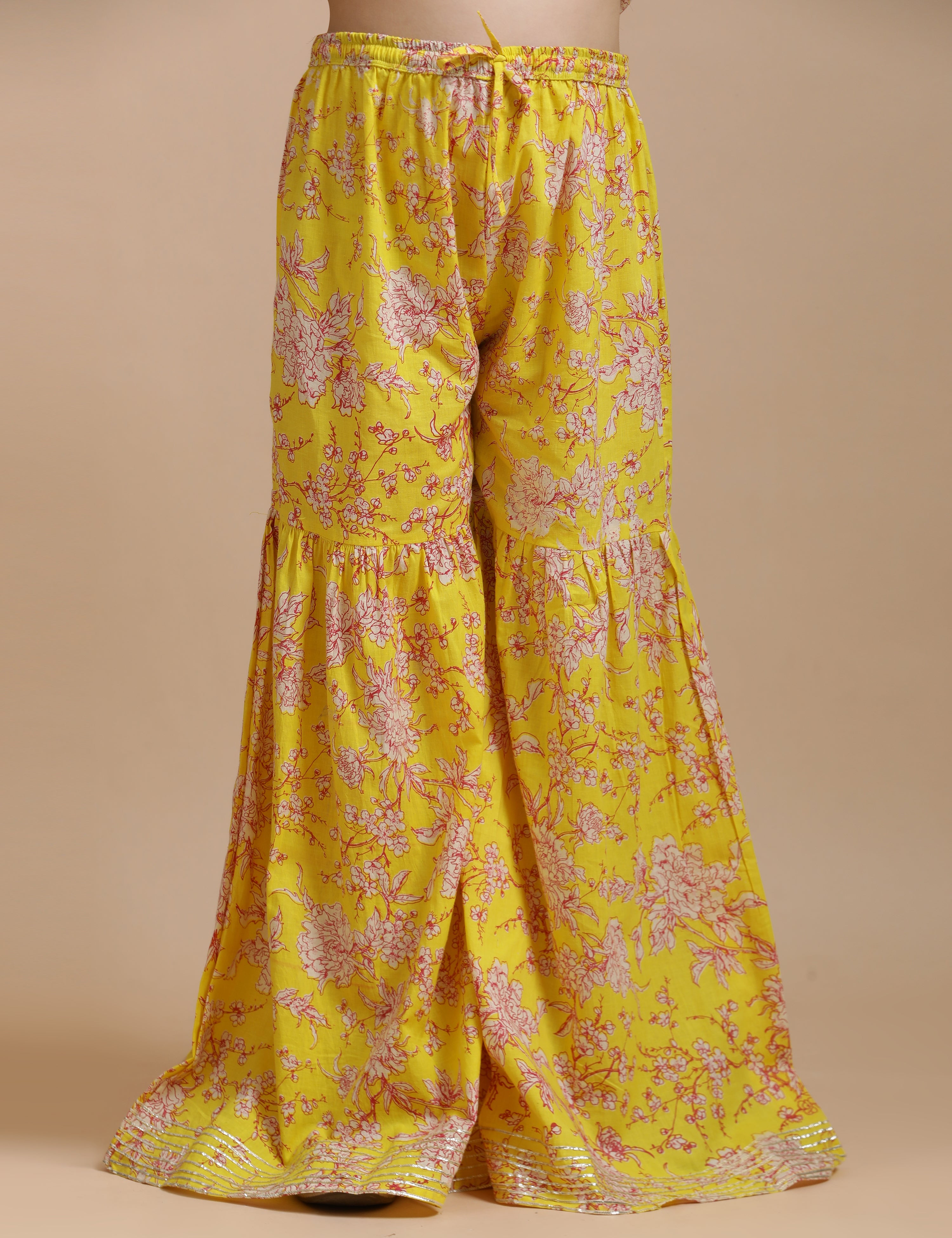 Girls Pure Cotton Floral Embroidered Anarkali Kurta With Sharara