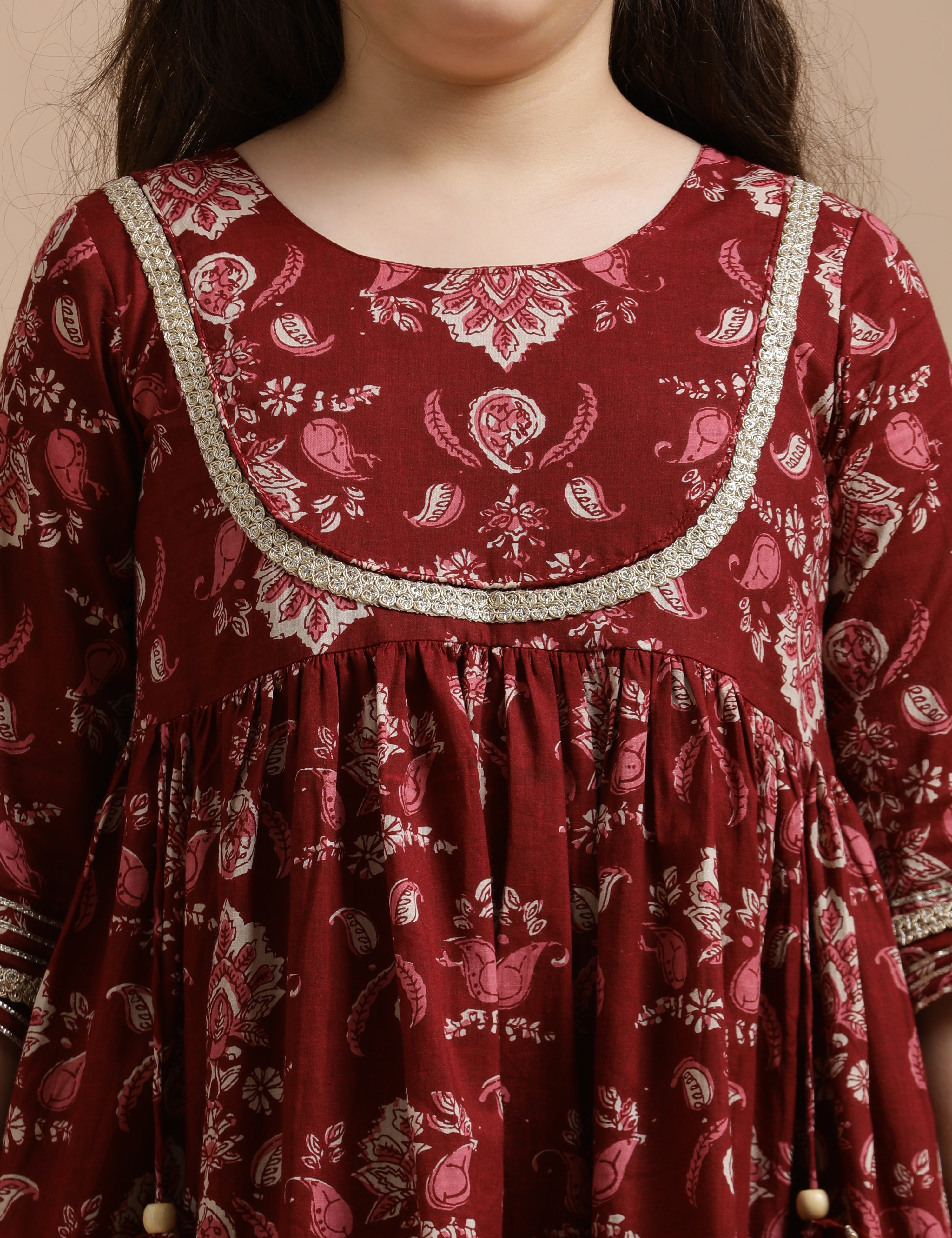 Girls Pure Cotton Floral Embroidered Anarkali Kurta With Sharara