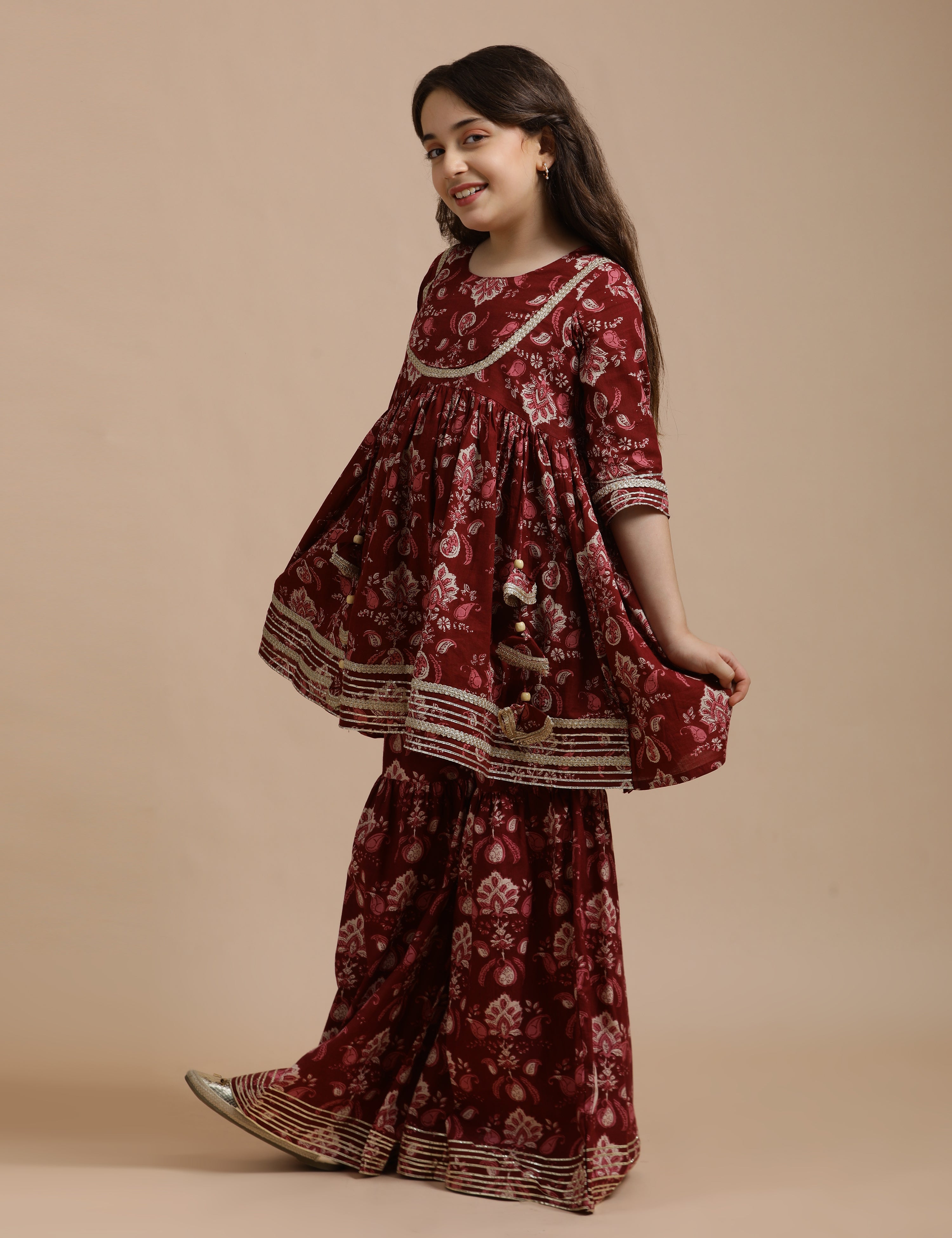 Girls Pure Cotton Floral Embroidered Anarkali Kurta With Sharara