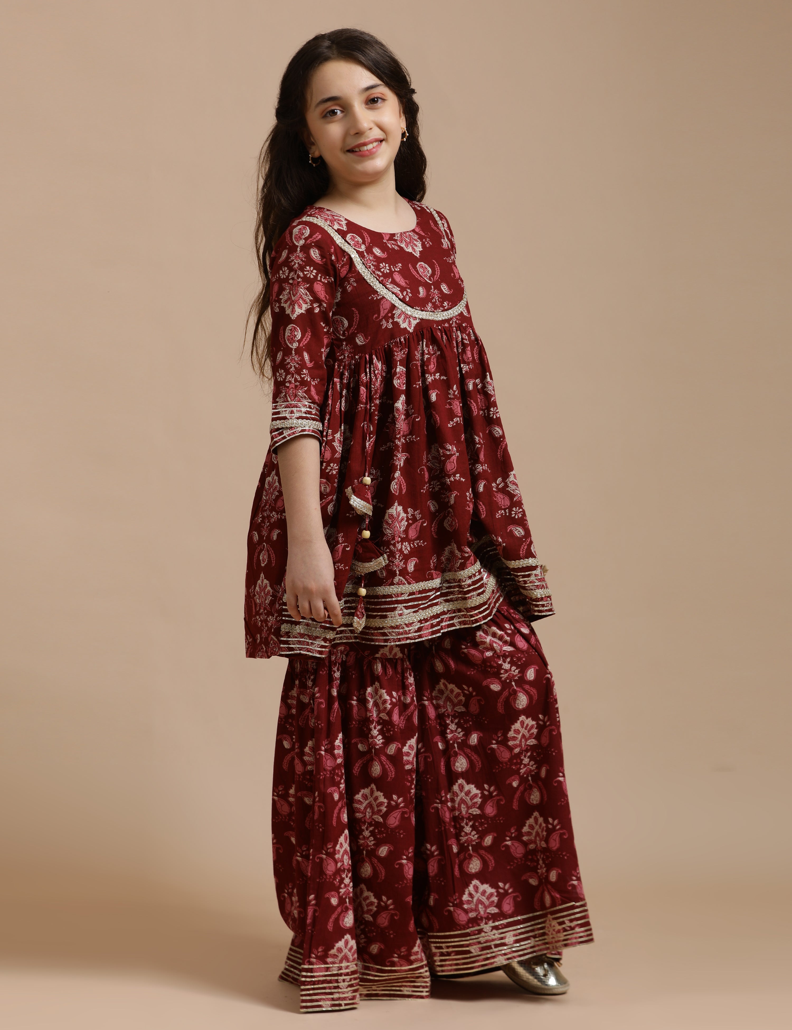 Girls Pure Cotton Floral Embroidered Anarkali Kurta With Sharara
