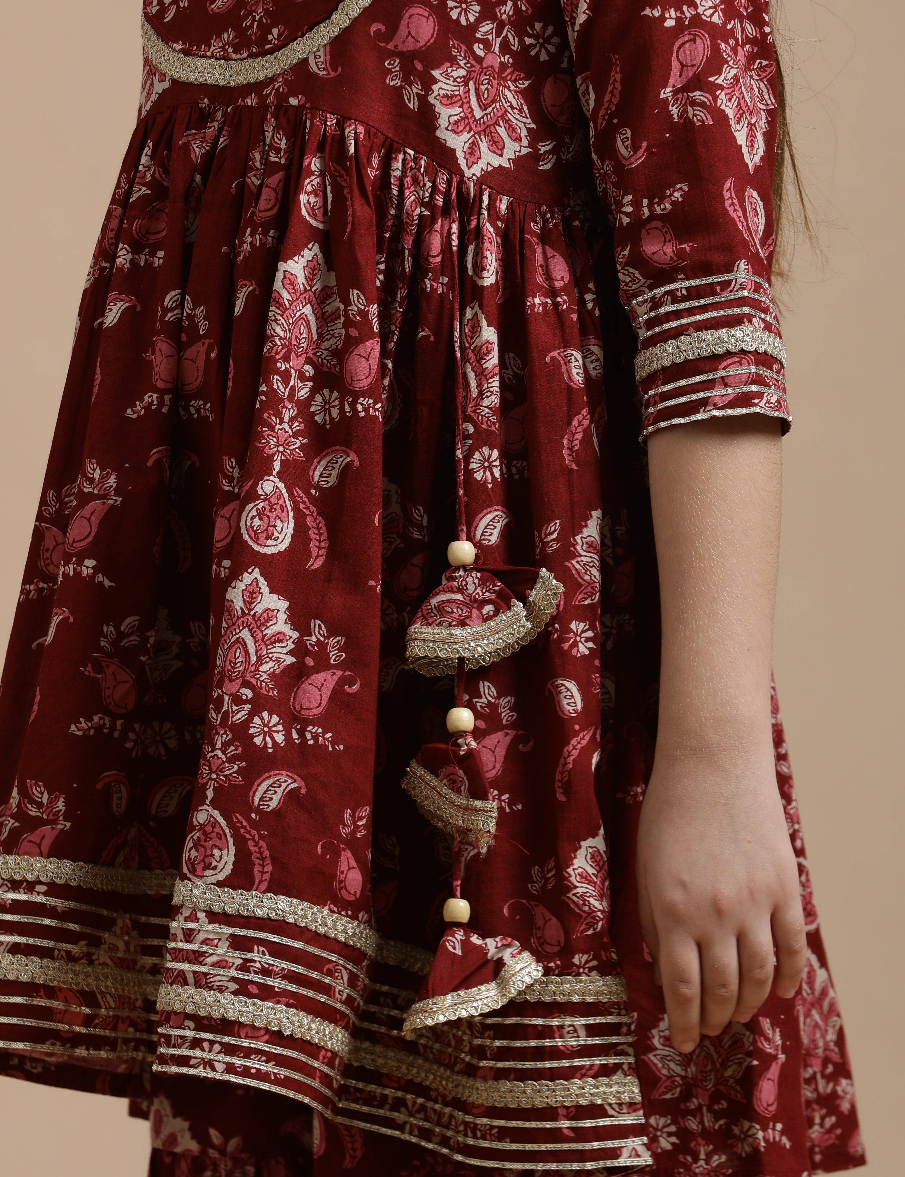 Girls Pure Cotton Floral Embroidered Anarkali Kurta With Sharara