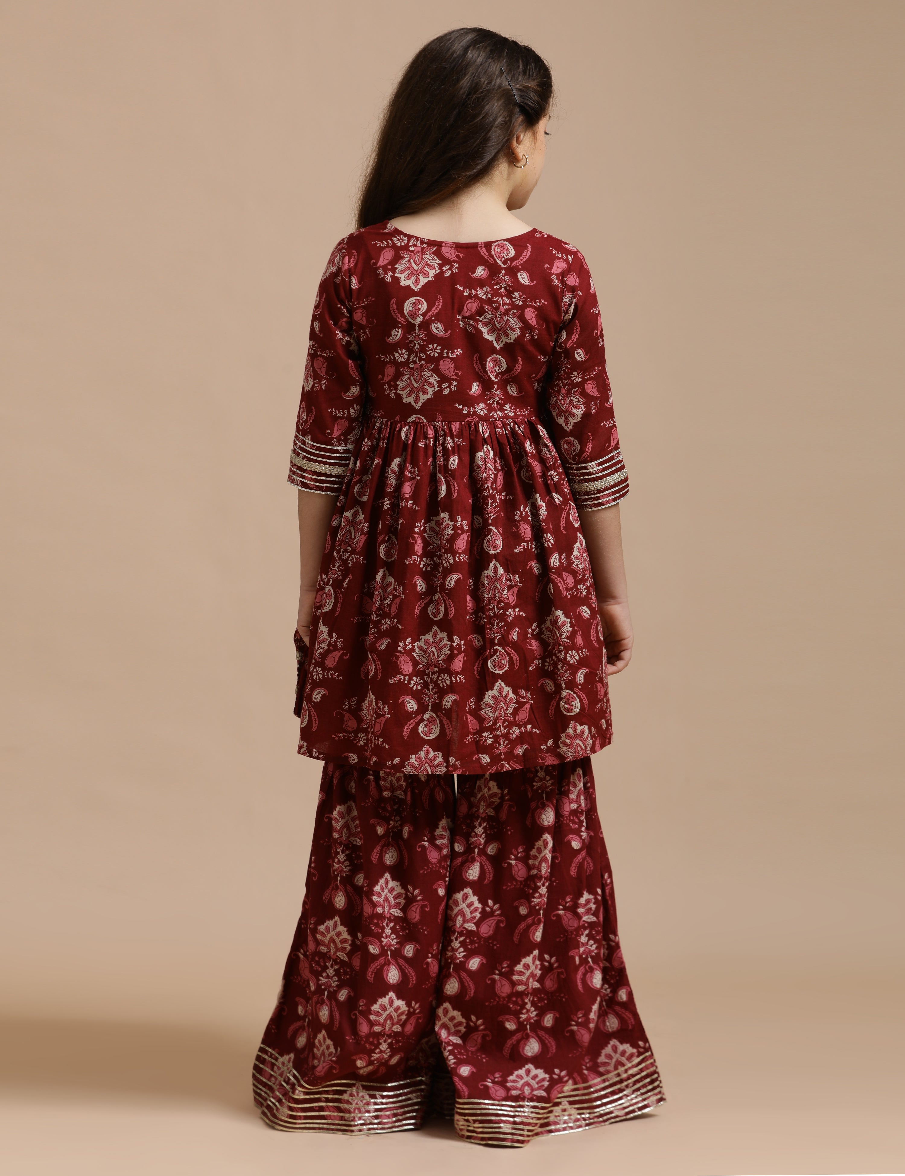 Girls Pure Cotton Floral Embroidered Anarkali Kurta With Sharara